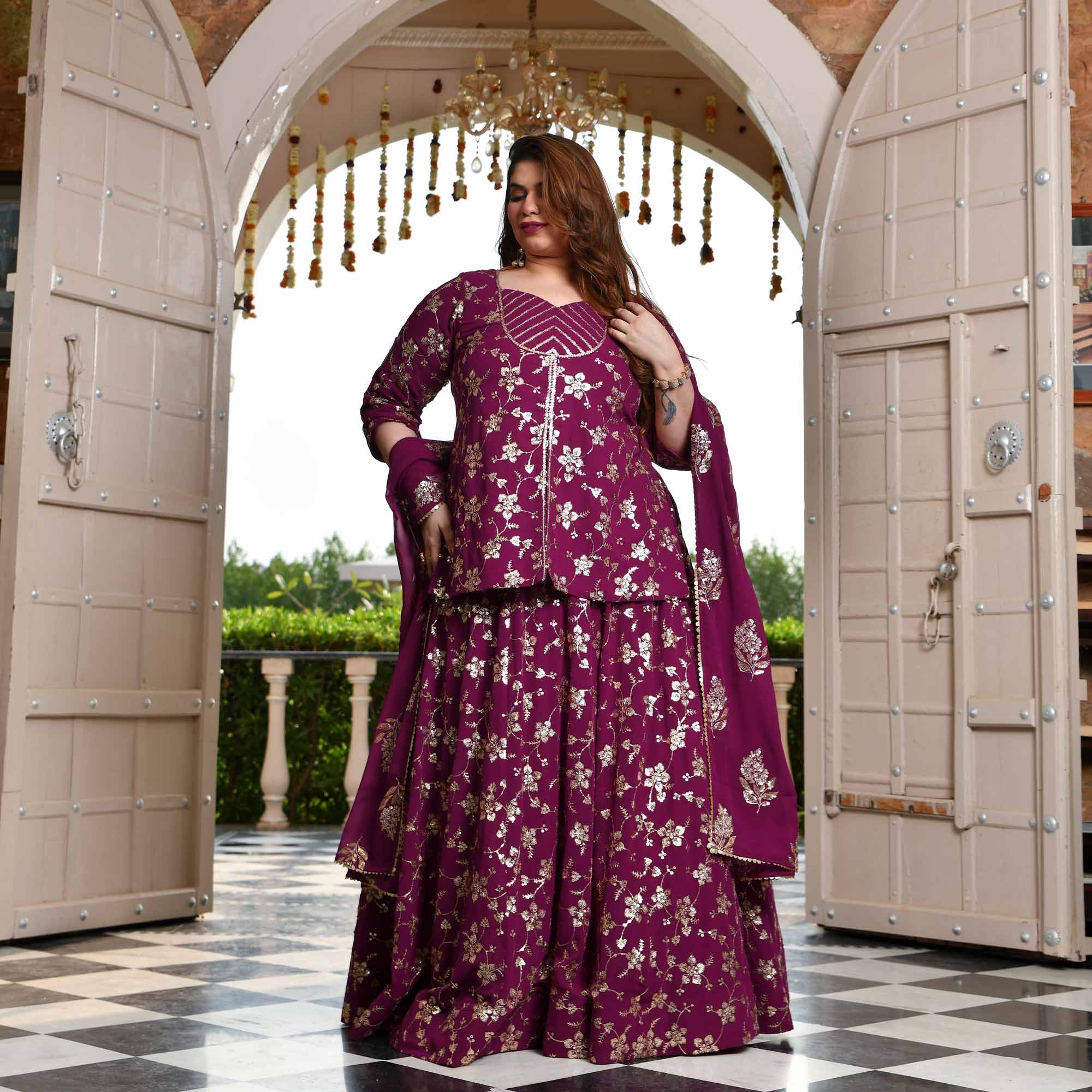 Aap Jaisa Koi- Plum Sequin Embroidered Georgette Koti Lehenga Set