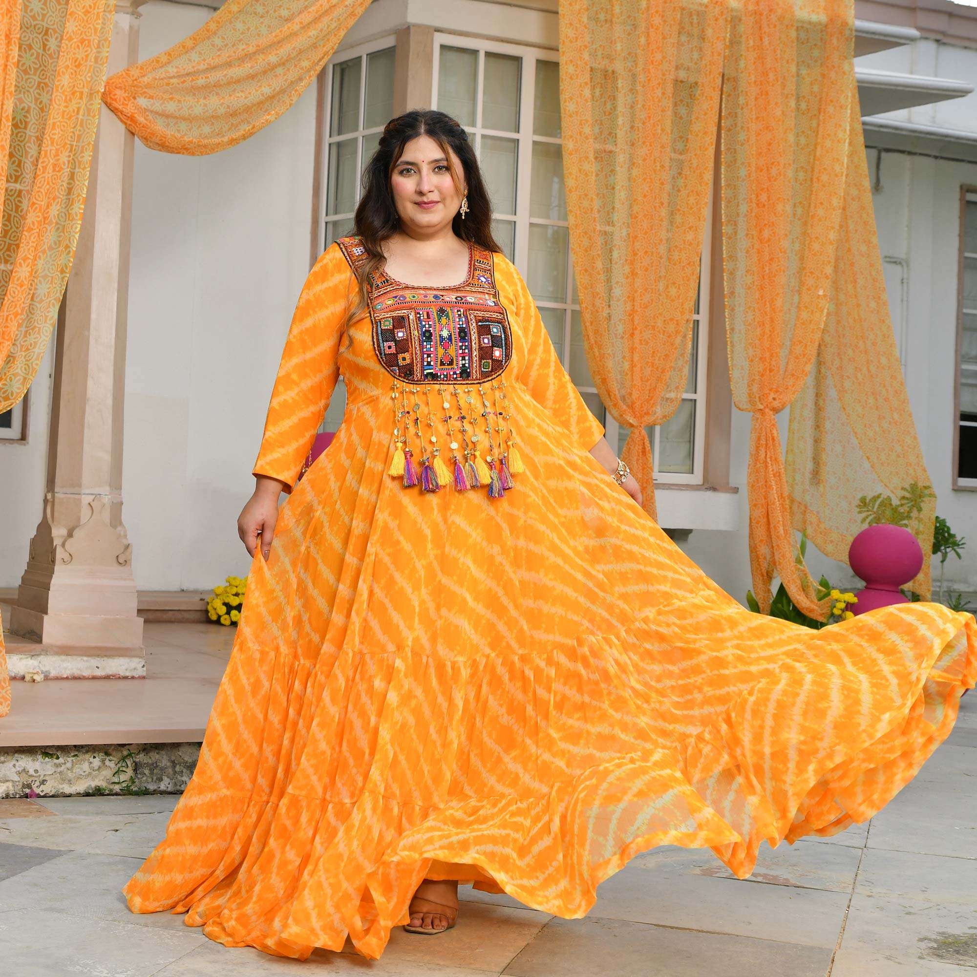 Phooljadi- Yellow Kutch Hand Embroidered Leheriya Chiffon Dress