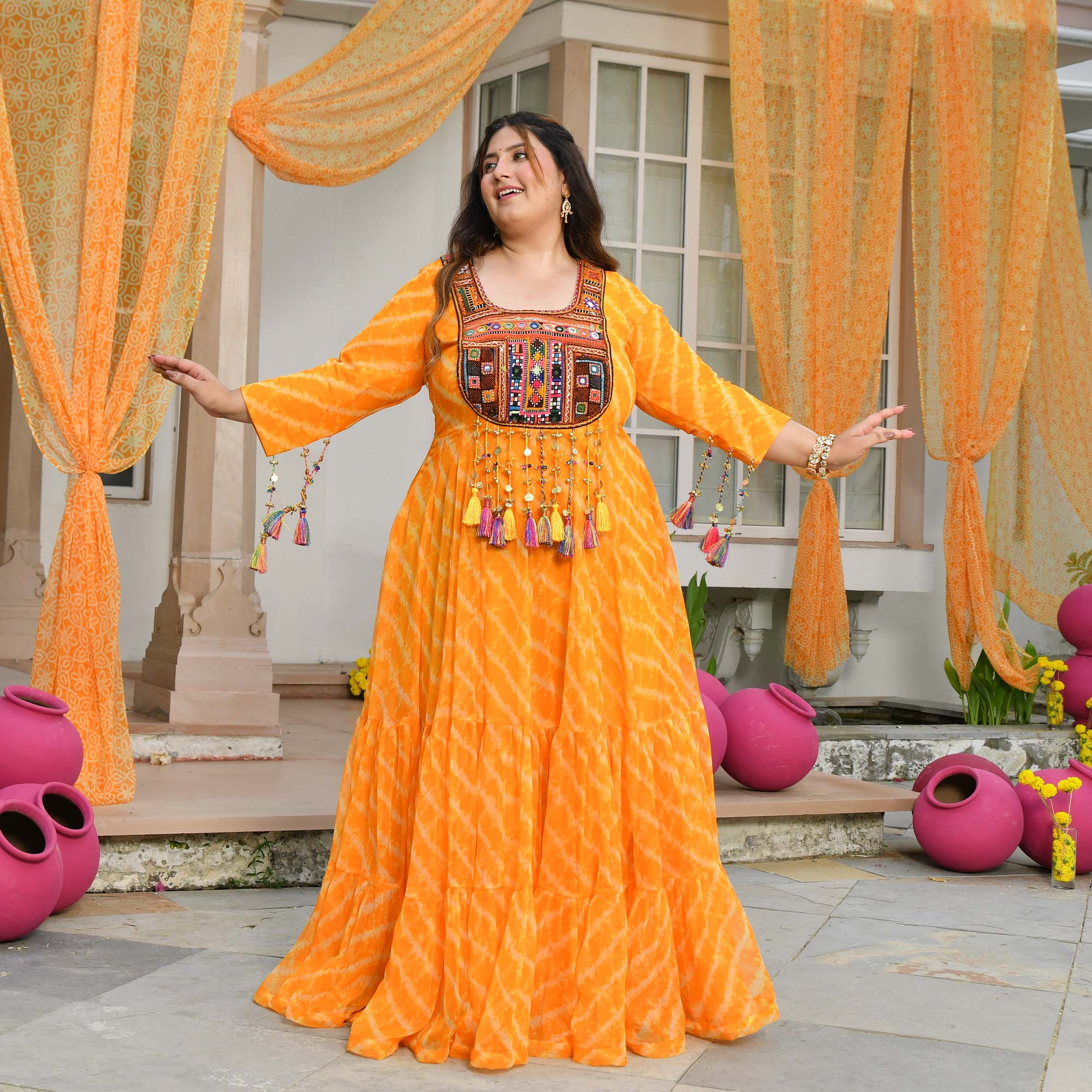 Phooljadi- Yellow Kutch Hand Embroidered Leheriya Chiffon Dress
