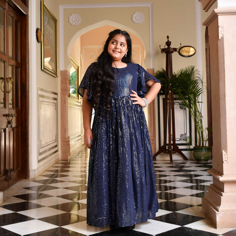 Midnight Navy Sequin Splash Georgette Gown 