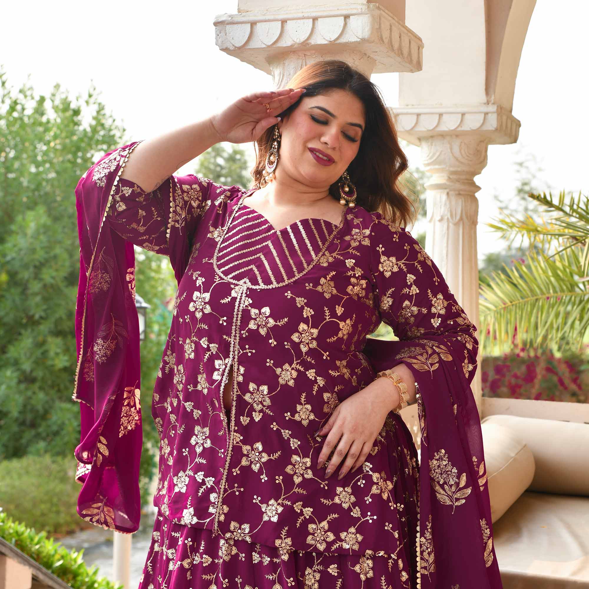 Aap Jaisa Koi- Plum Sequin Embroidered Georgette Koti Lehenga Set