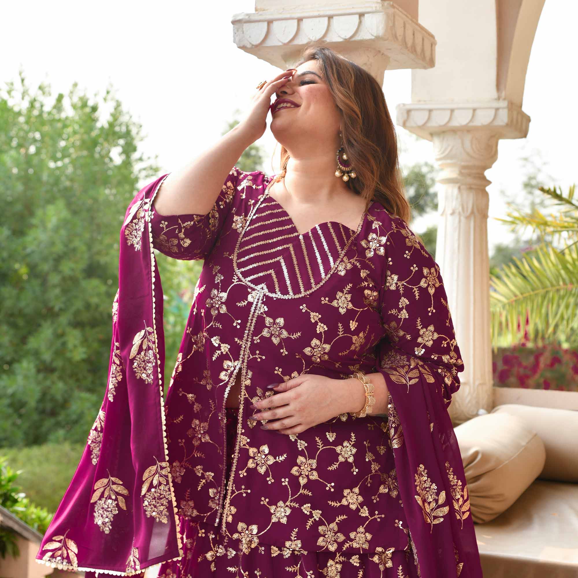 Aap Jaisa Koi- Plum Sequin Embroidered Georgette Koti Lehenga Set