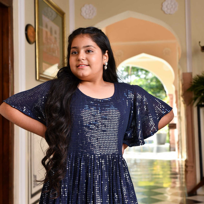 Midnight Navy Sequin Splash Georgette Gown 