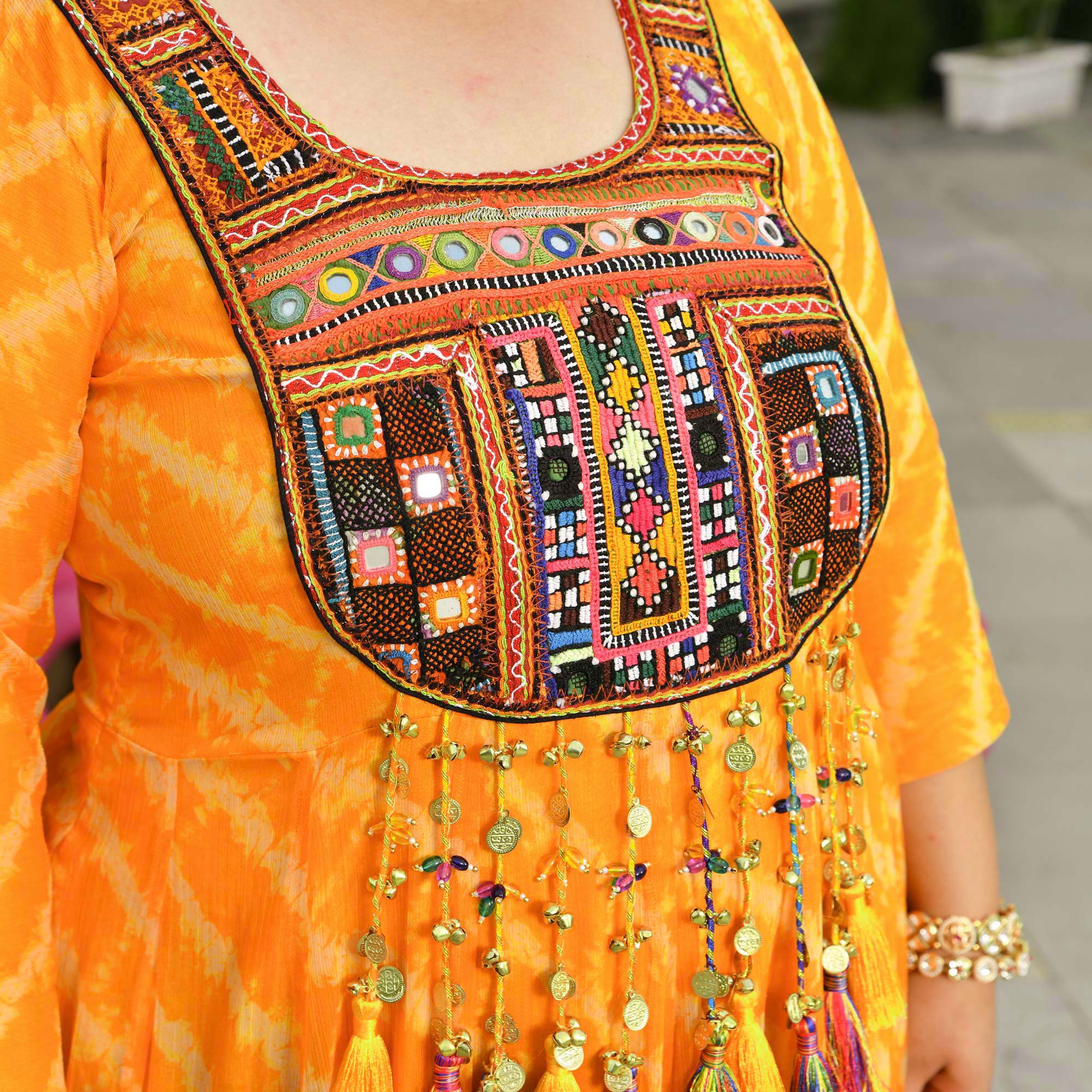 Phooljadi- Yellow Kutch Hand Embroidered Leheriya Chiffon Dress