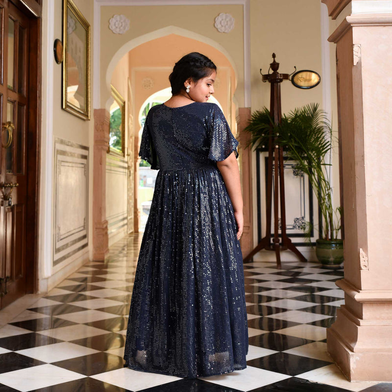Midnight Navy Sequin Splash Georgette Gown 