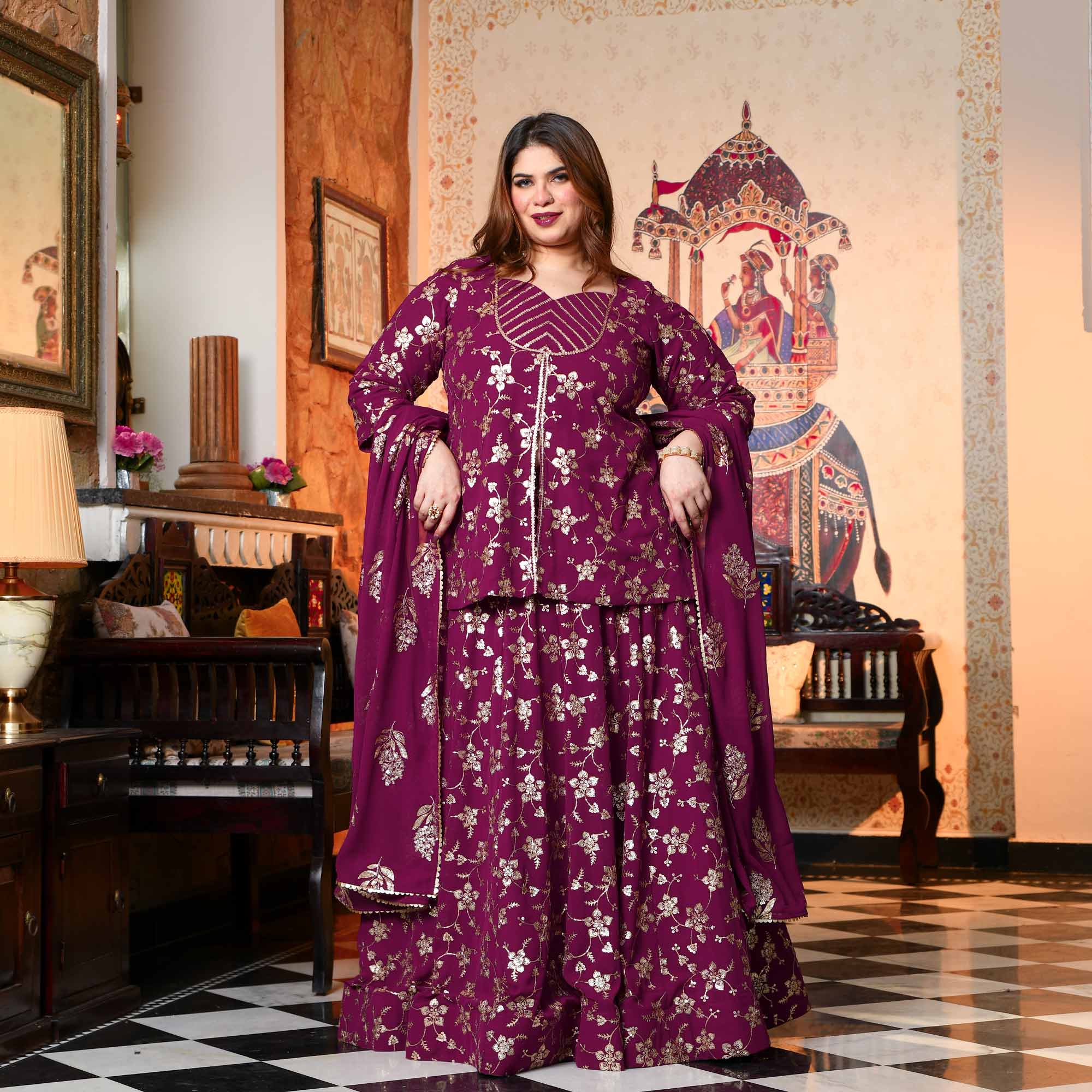 Aap Jaisa Koi- Plum Sequin Embroidered Georgette Koti Lehenga Set