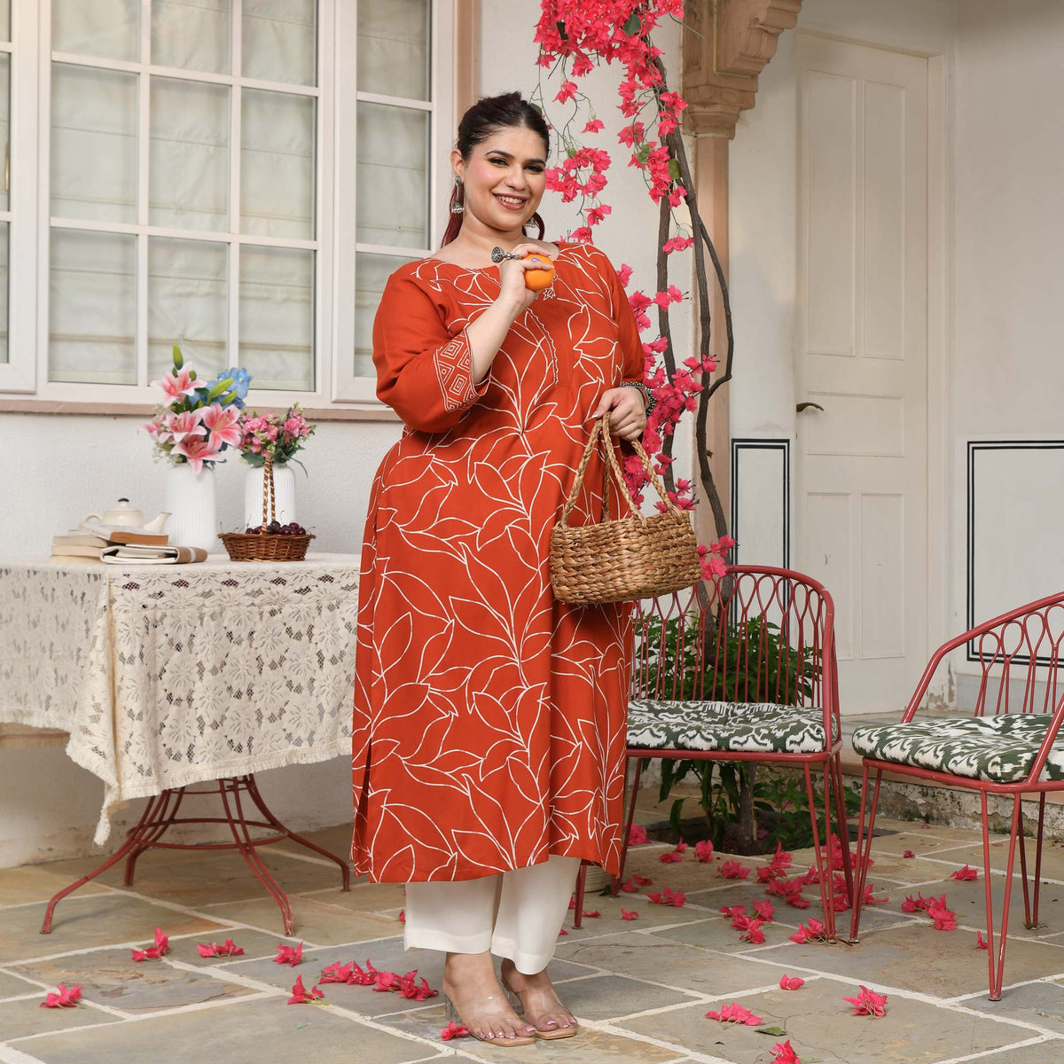 Sarah- Orange Floral Embroidered Rayon Cotton Kurta 
