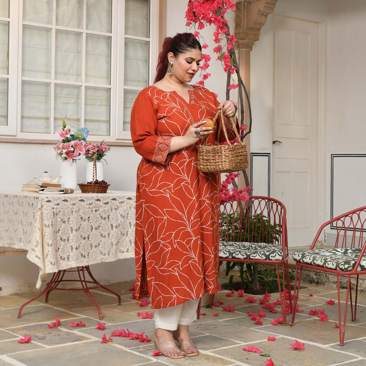 Sarah- Orange Floral Embroidered Rayon Cotton Kurta 