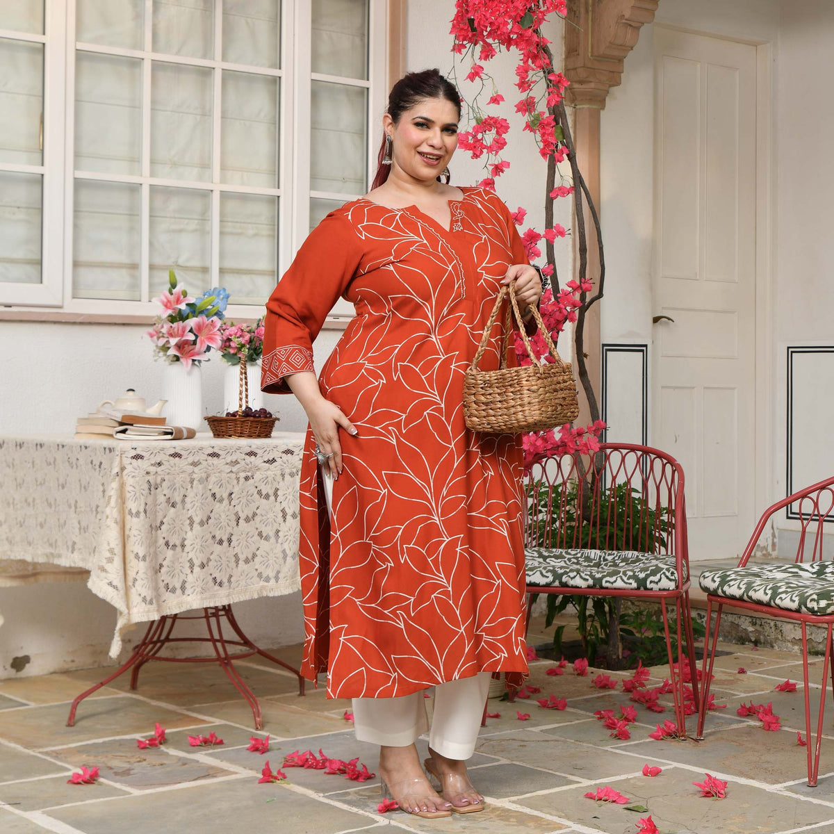 Sarah- Orange Floral Embroidered Rayon Cotton Kurta 