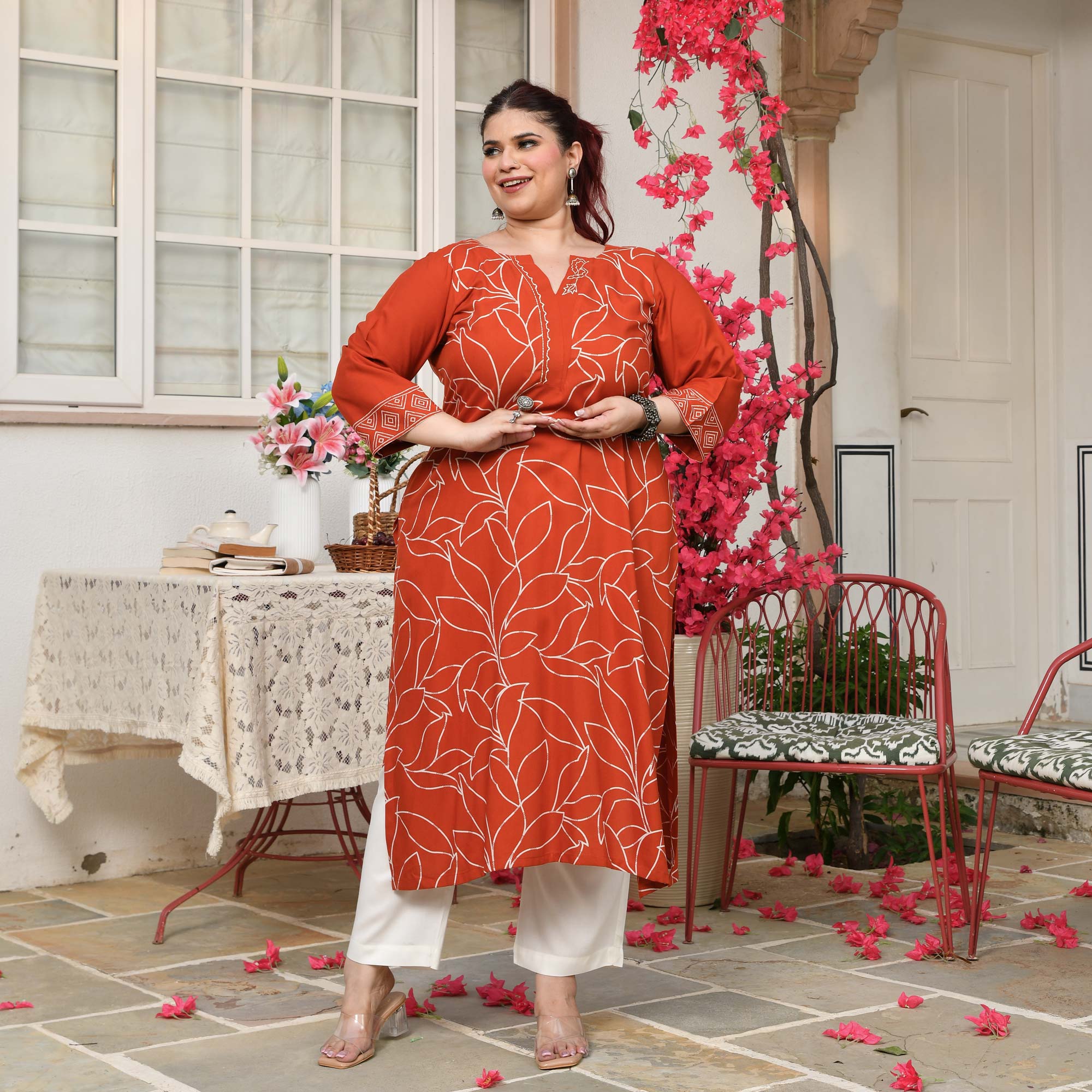 Sarah- Orange Floral Embroidered Rayon Cotton Kurta 