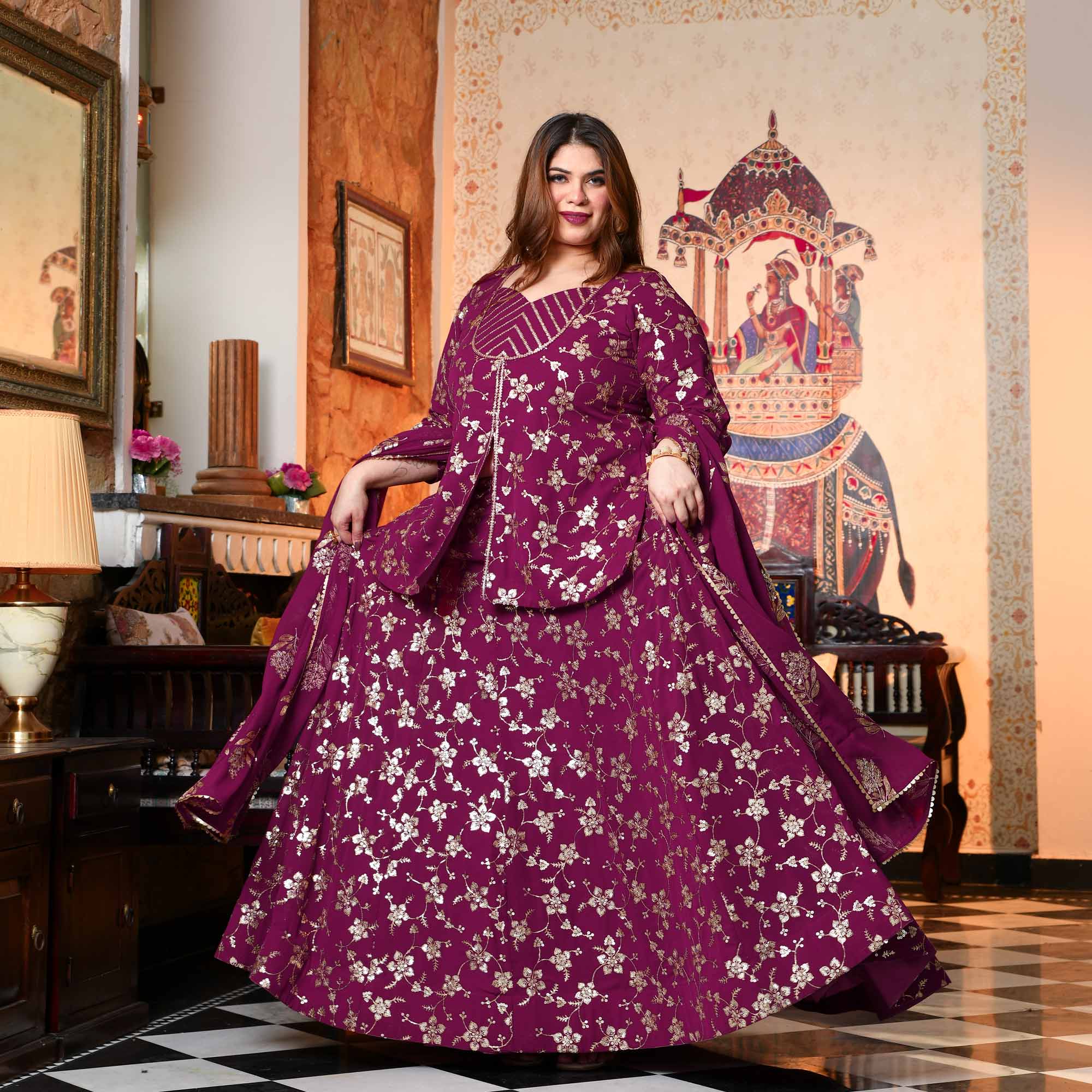 Aap Jaisa Koi- Plum Sequin Embroidered Georgette Koti Lehenga Set