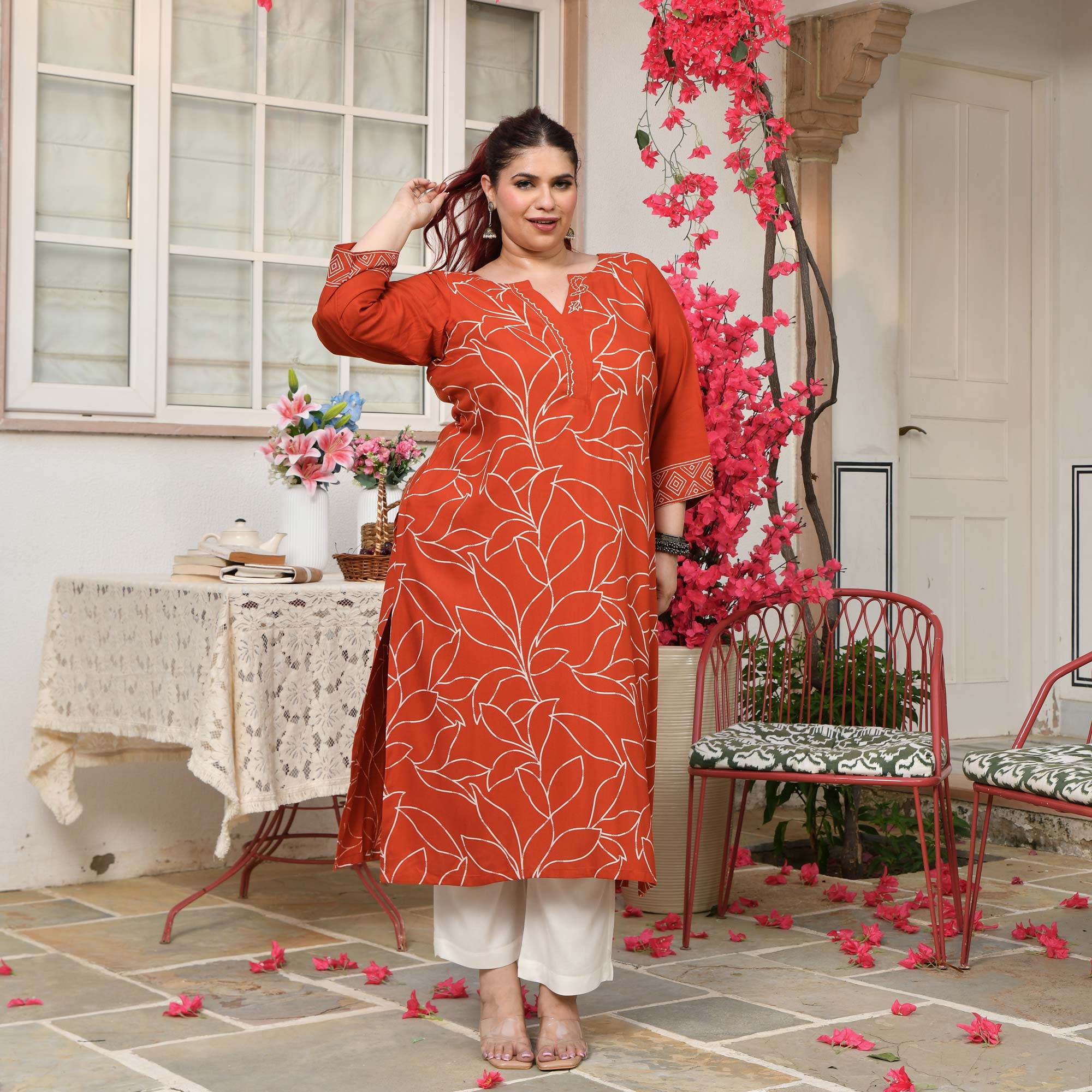Sarah- Orange Floral Embroidered Rayon Cotton Kurta 