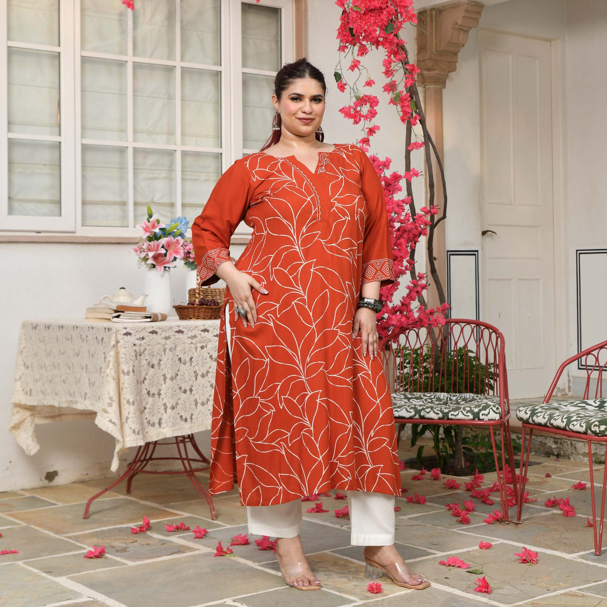 Sarah- Orange Floral Embroidered Rayon Cotton Kurta 