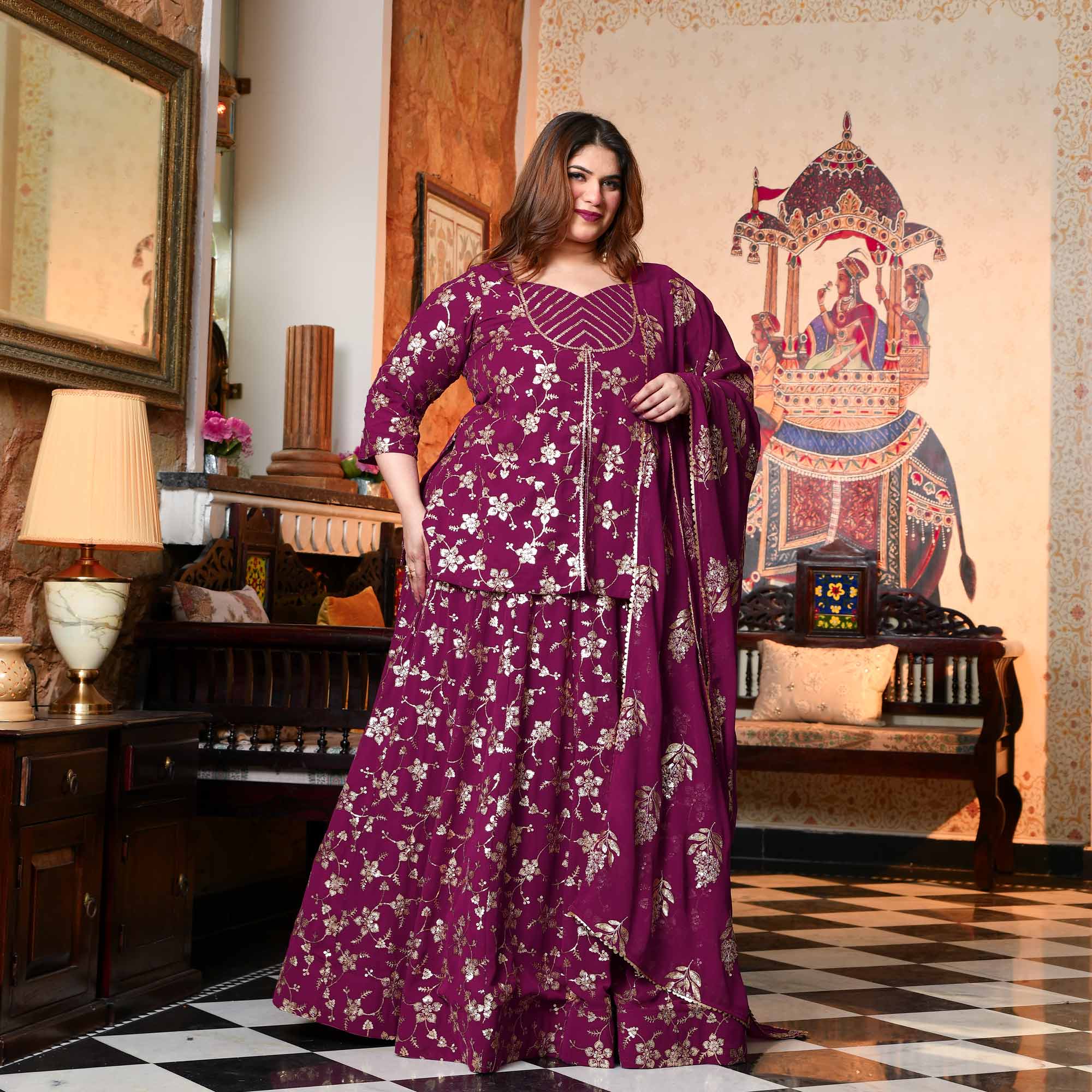 Aap Jaisa Koi- Plum Sequin Embroidered Georgette Koti Lehenga Set