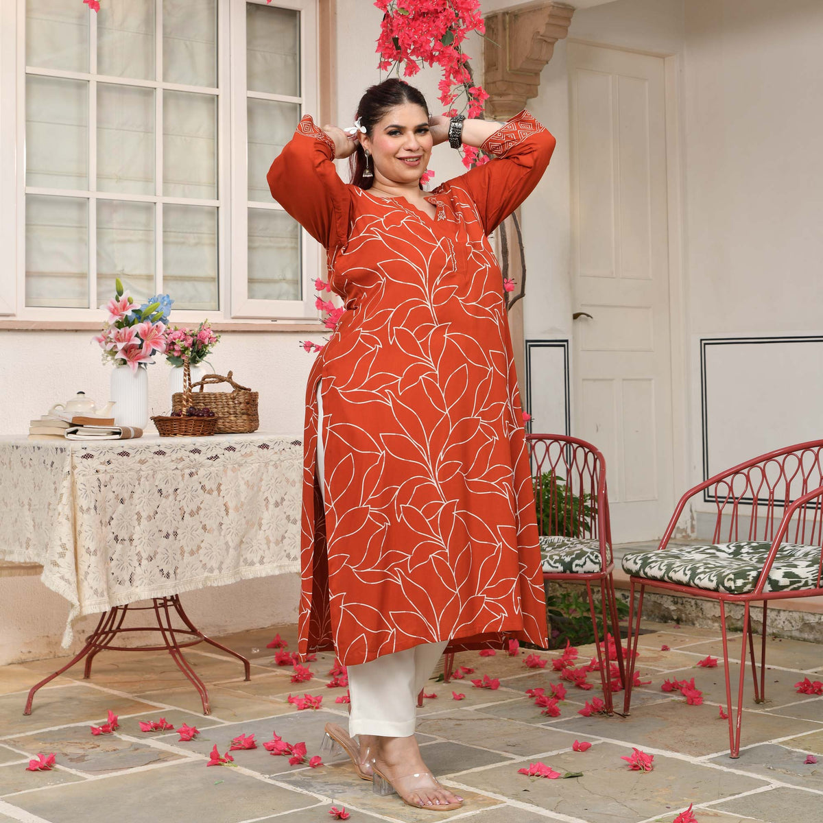 Sarah- Orange Floral Embroidered Rayon Cotton Kurta 