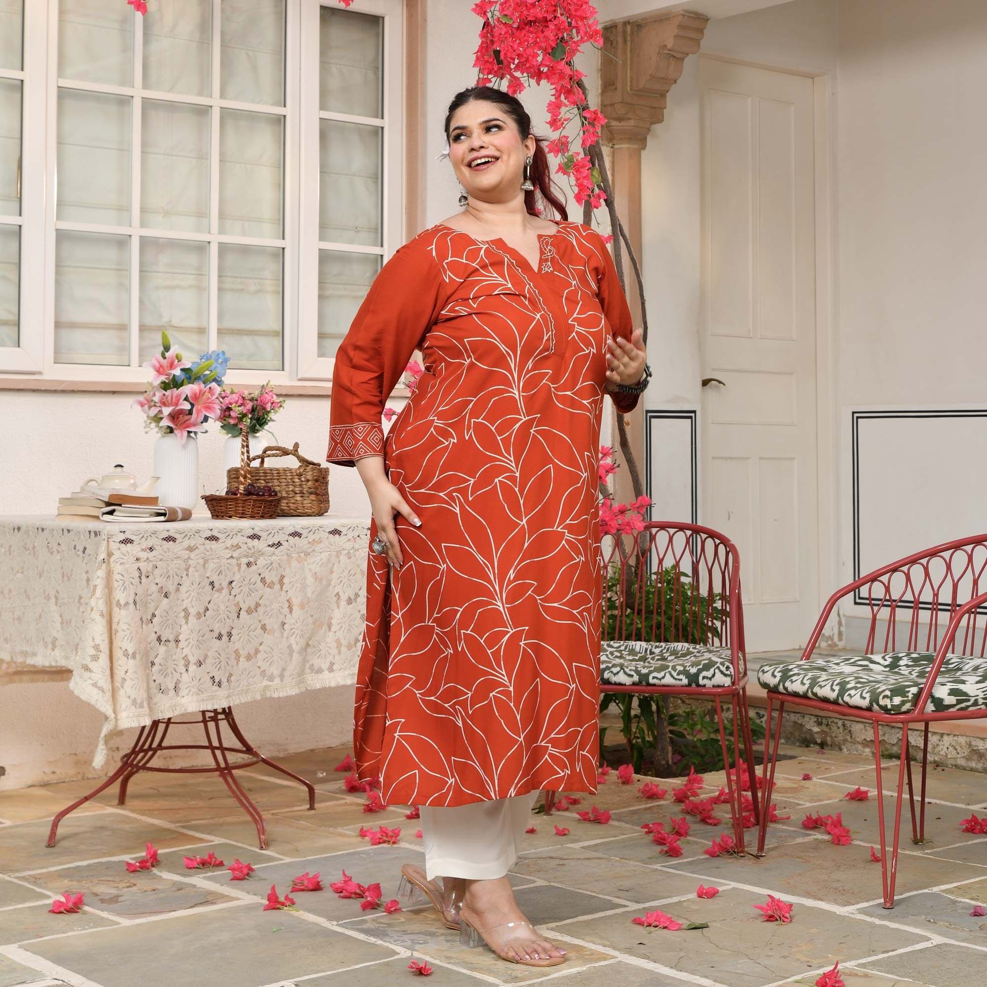 Sarah- Orange Floral Embroidered Rayon Cotton Kurta 