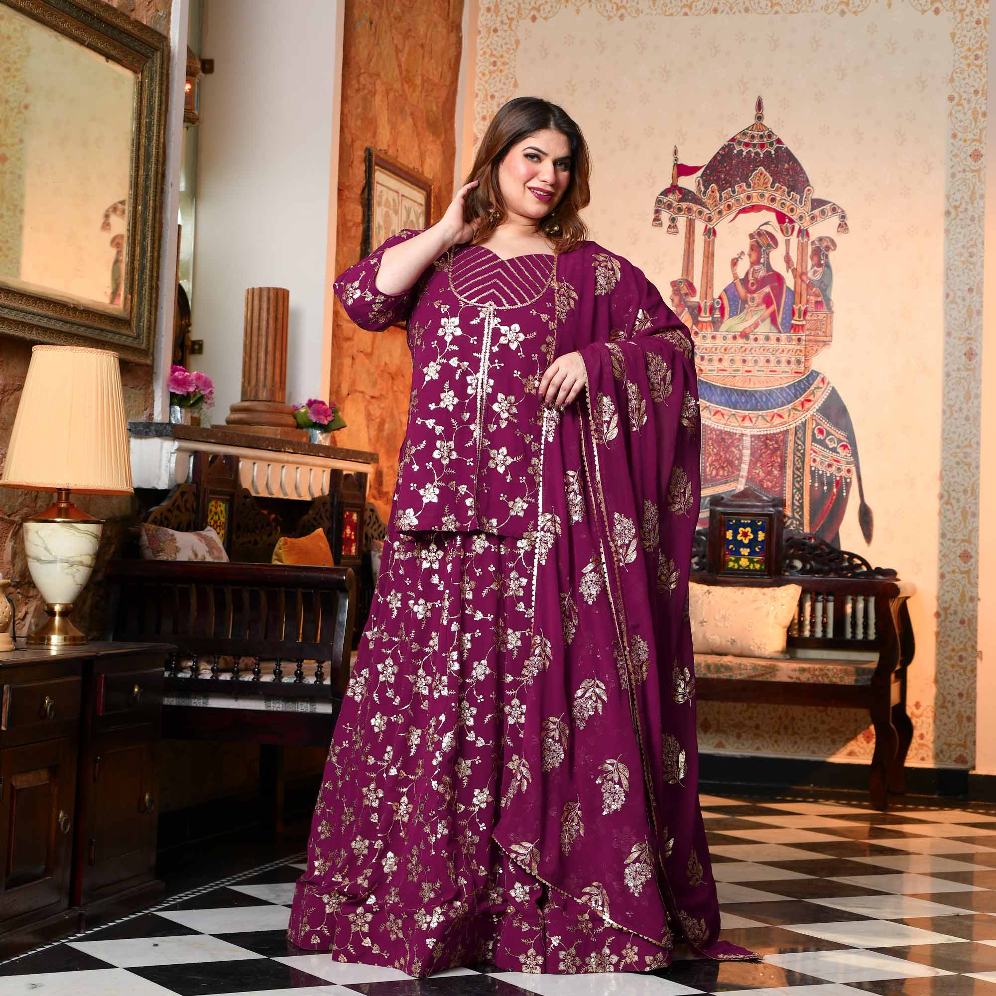 Aap Jaisa Koi- Plum Sequin Embroidered Georgette Koti Lehenga Set