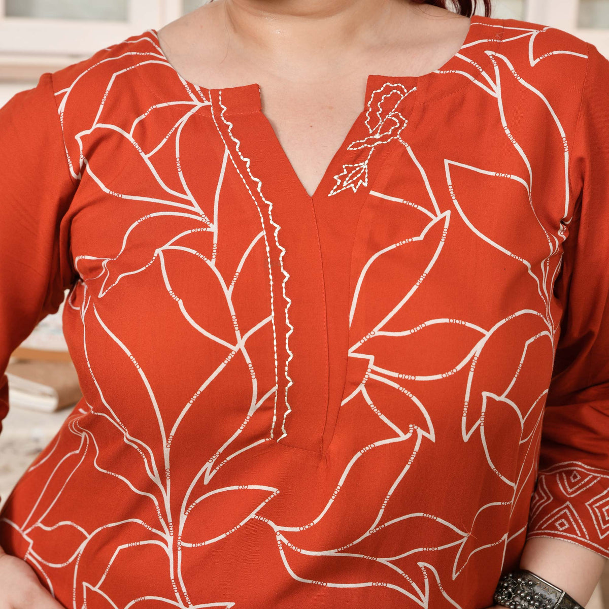 Sarah- Orange Floral Embroidered Rayon Cotton Kurta 