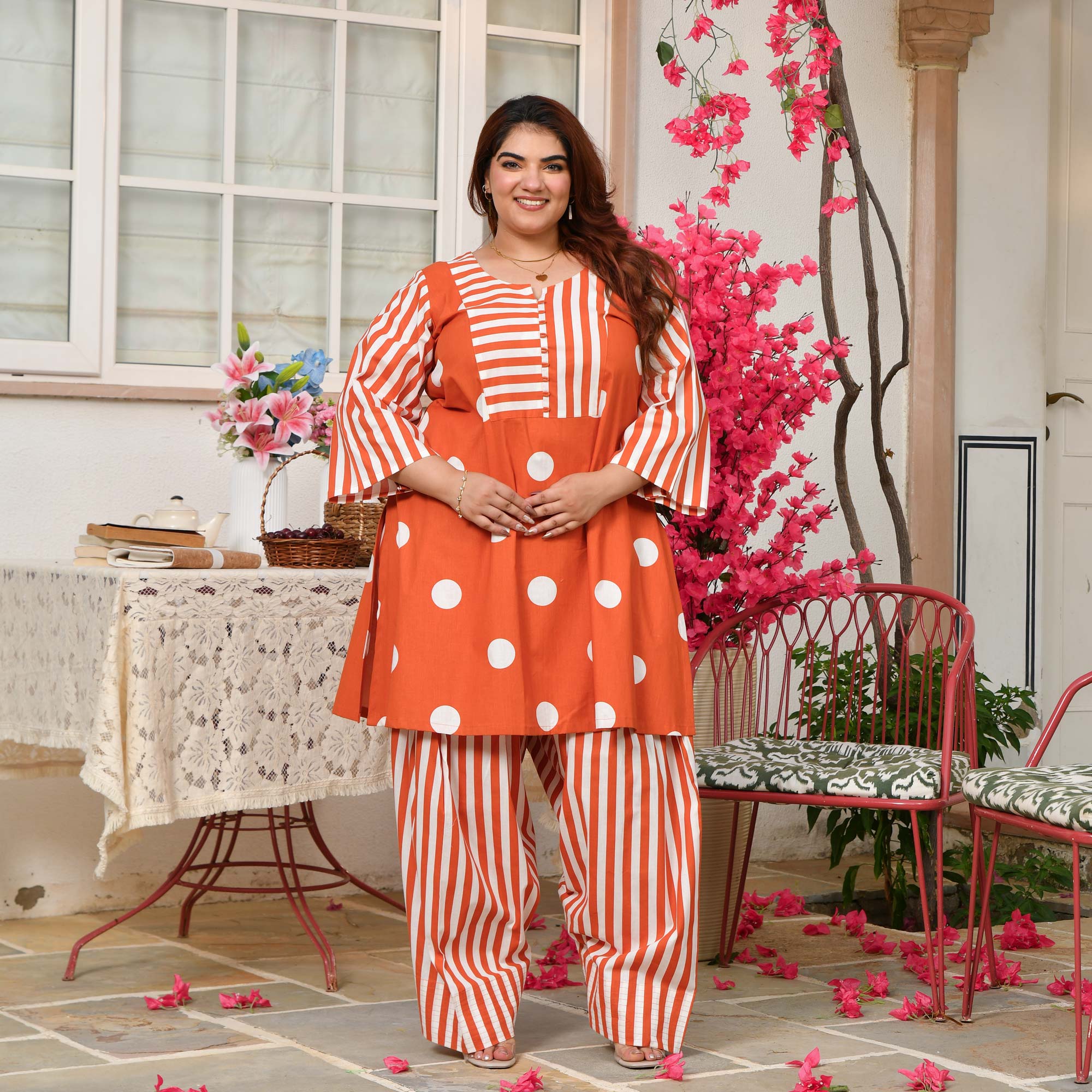 Nora- Tangerine Orange Striped Polka Farshi Set