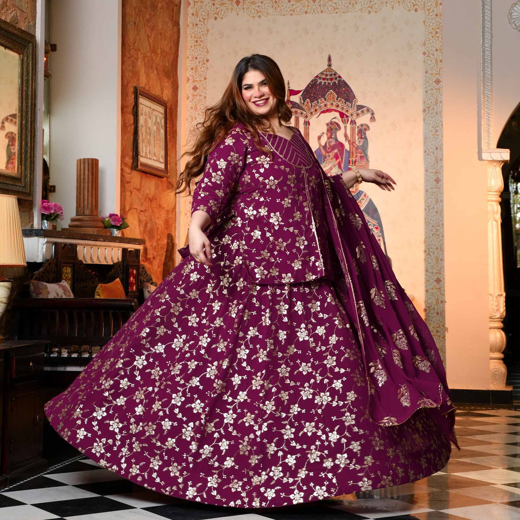 Aap Jaisa Koi- Plum Sequin Embroidered Georgette Koti Lehenga Set