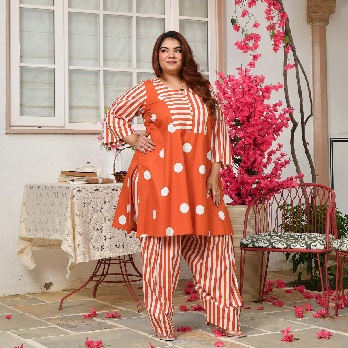 Nora- Tangerine Orange Striped Polka Farshi Set