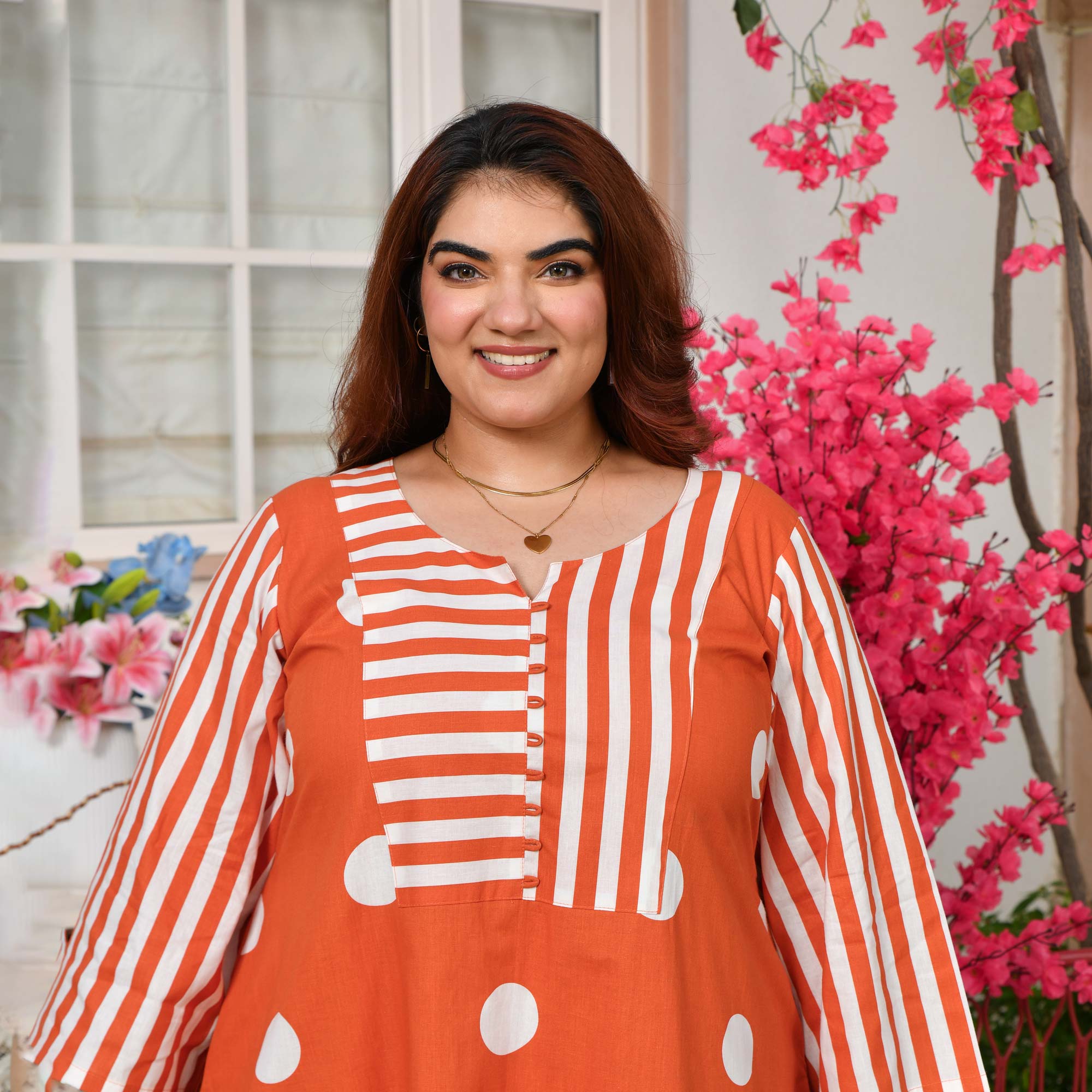 Nora- Tangerine Orange Striped Polka Farshi Set