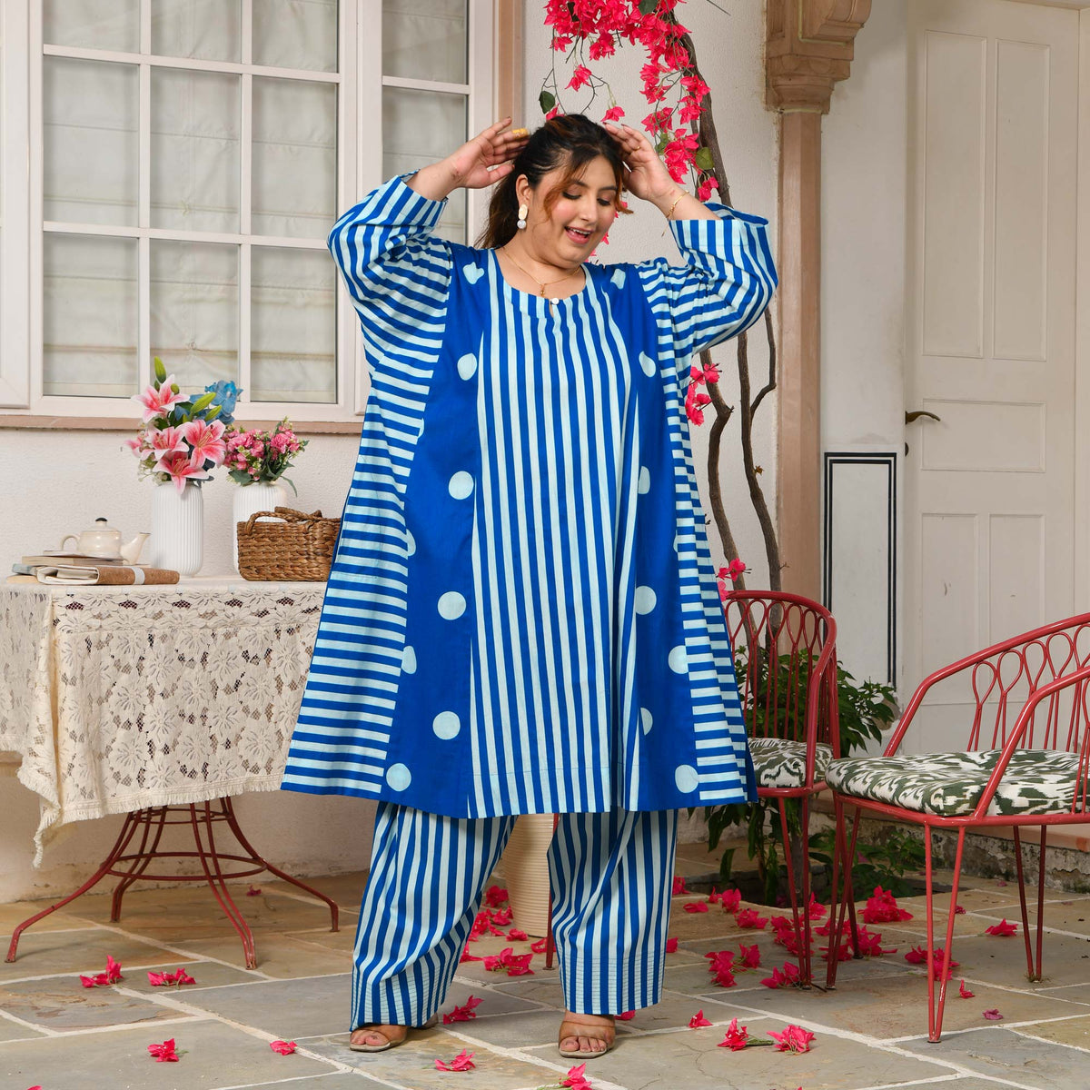 Mia- Electric Blue Striped Polka Aline Farshi Set