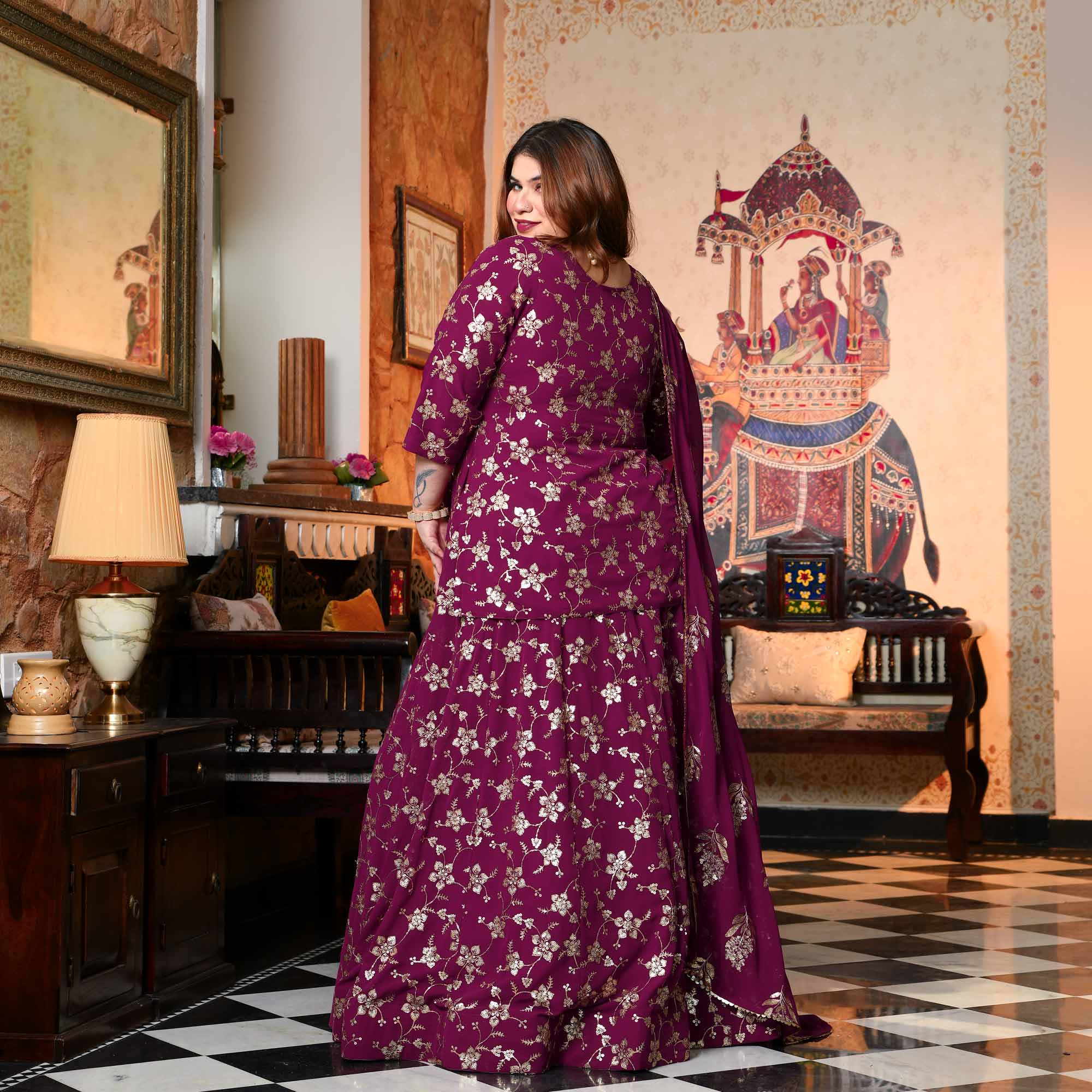 Aap Jaisa Koi- Plum Sequin Embroidered Georgette Koti Lehenga Set