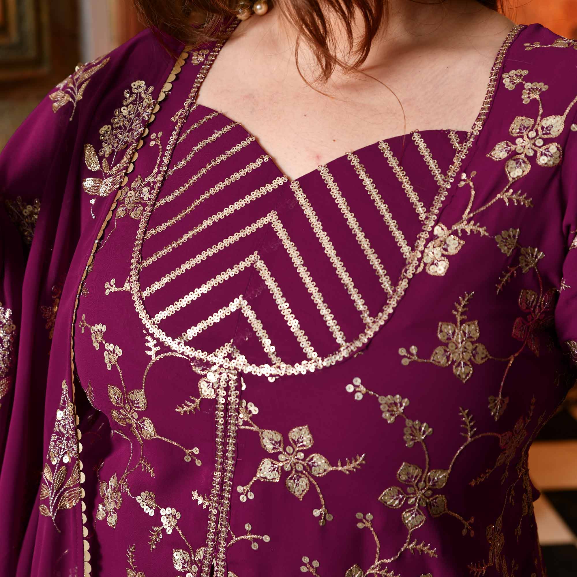 Aap Jaisa Koi- Plum Sequin Embroidered Georgette Koti Lehenga Set