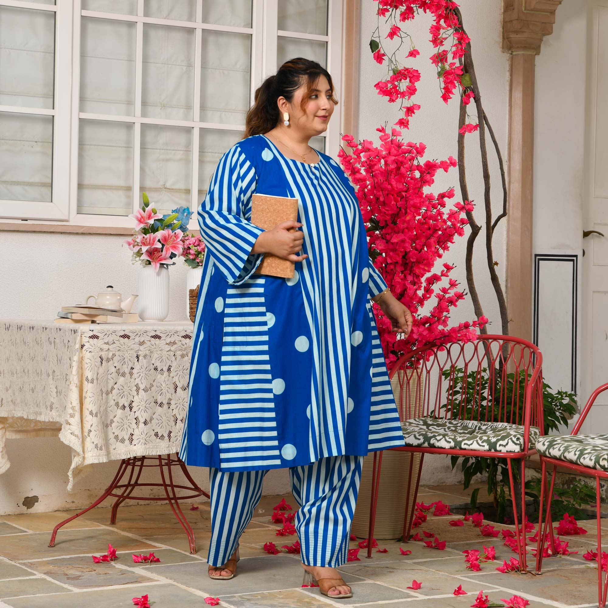 Mia- Electric Blue Striped Polka Aline Farshi Set