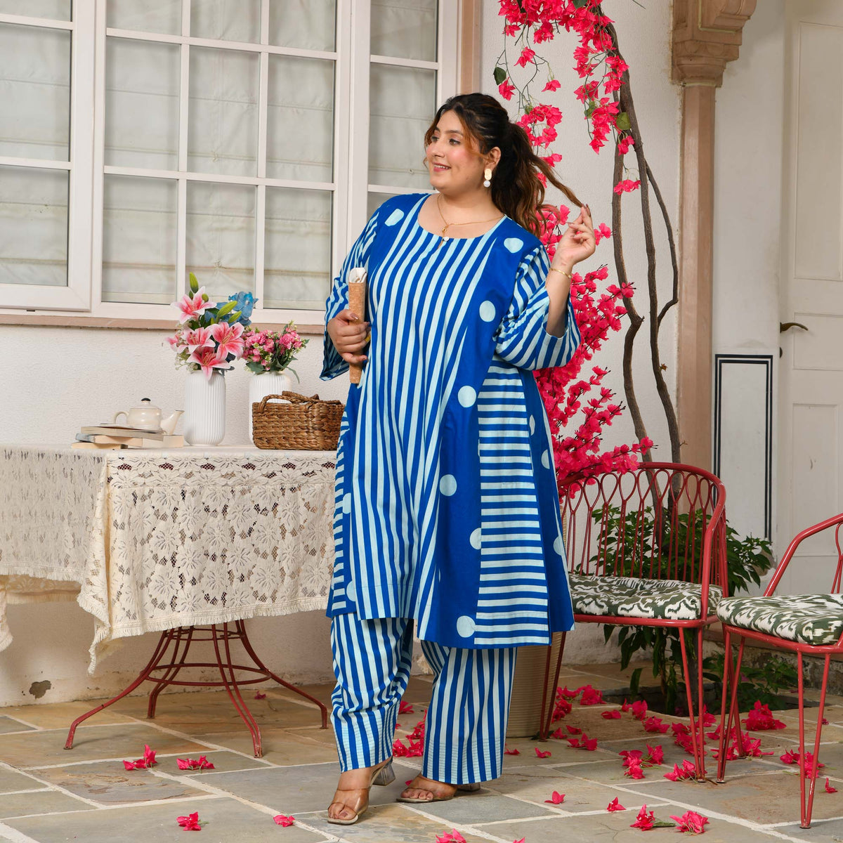 Mia- Electric Blue Striped Polka Aline Farshi Set