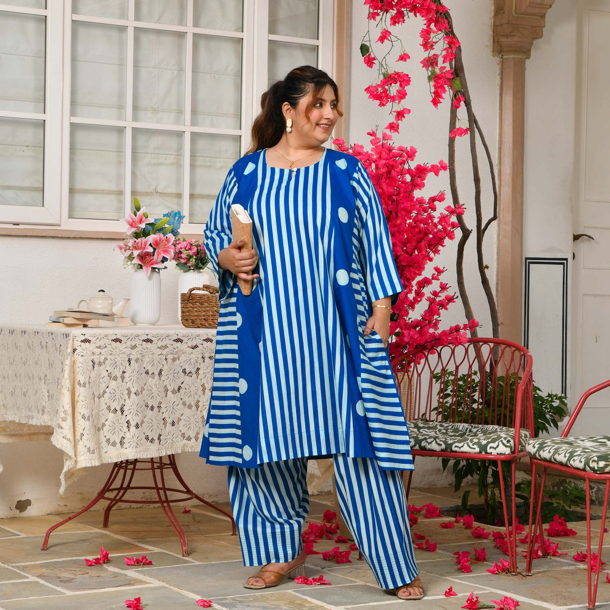 Mia- Electric Blue Striped Polka Aline Farshi Set