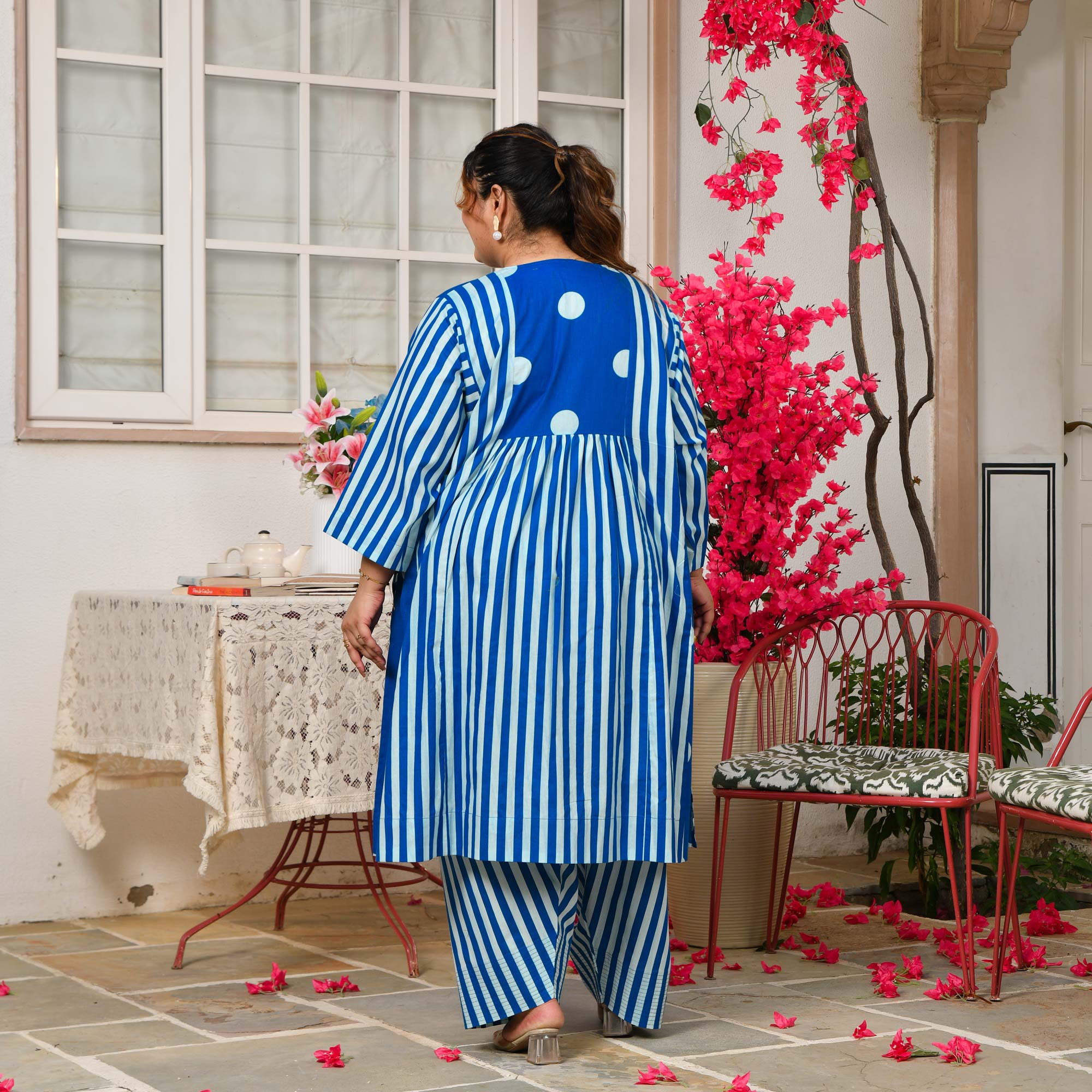 Mia- Electric Blue Striped Polka Aline Farshi Set