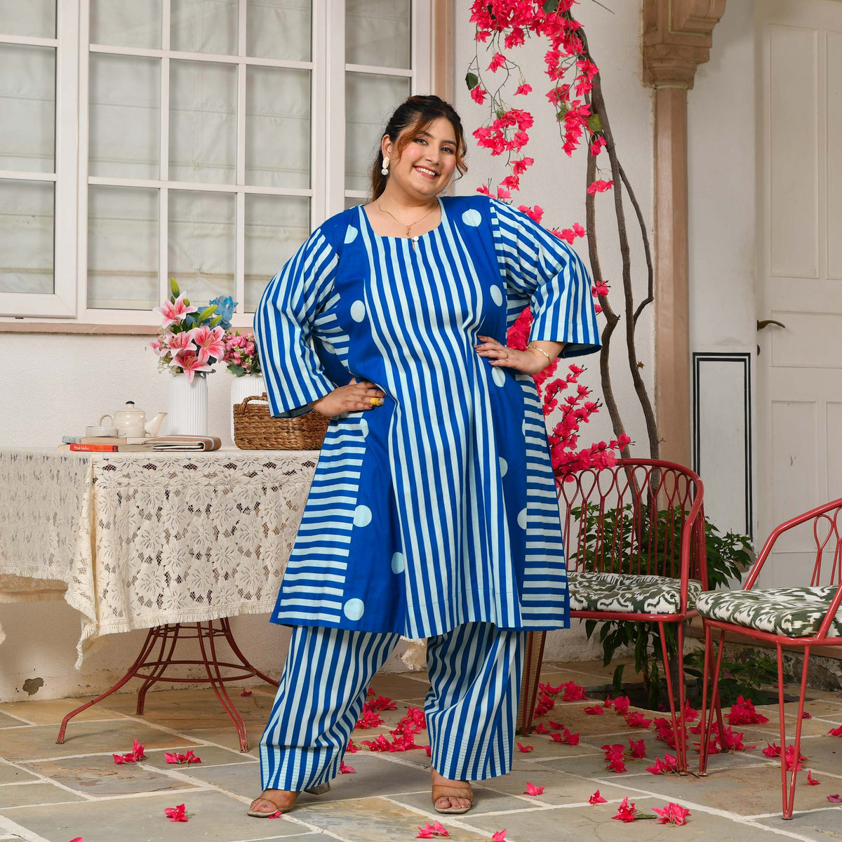 Mia- Electric Blue Striped Polka Aline Farshi Set