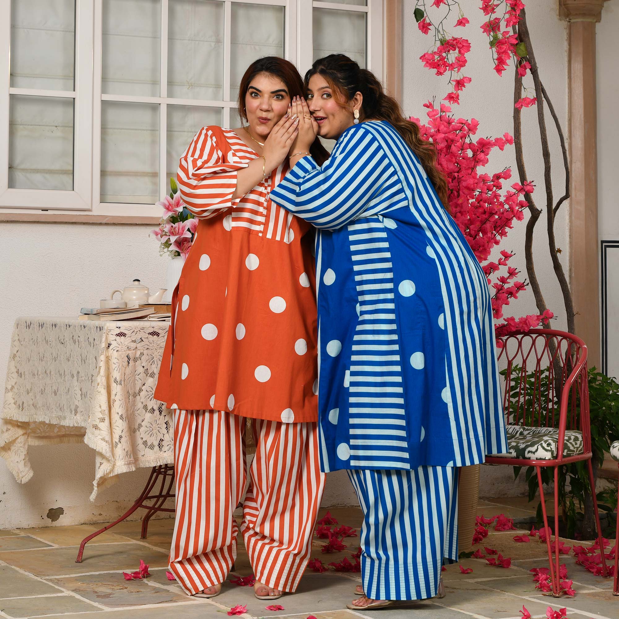 Nora- Tangerine Orange Striped Polka Farshi Set