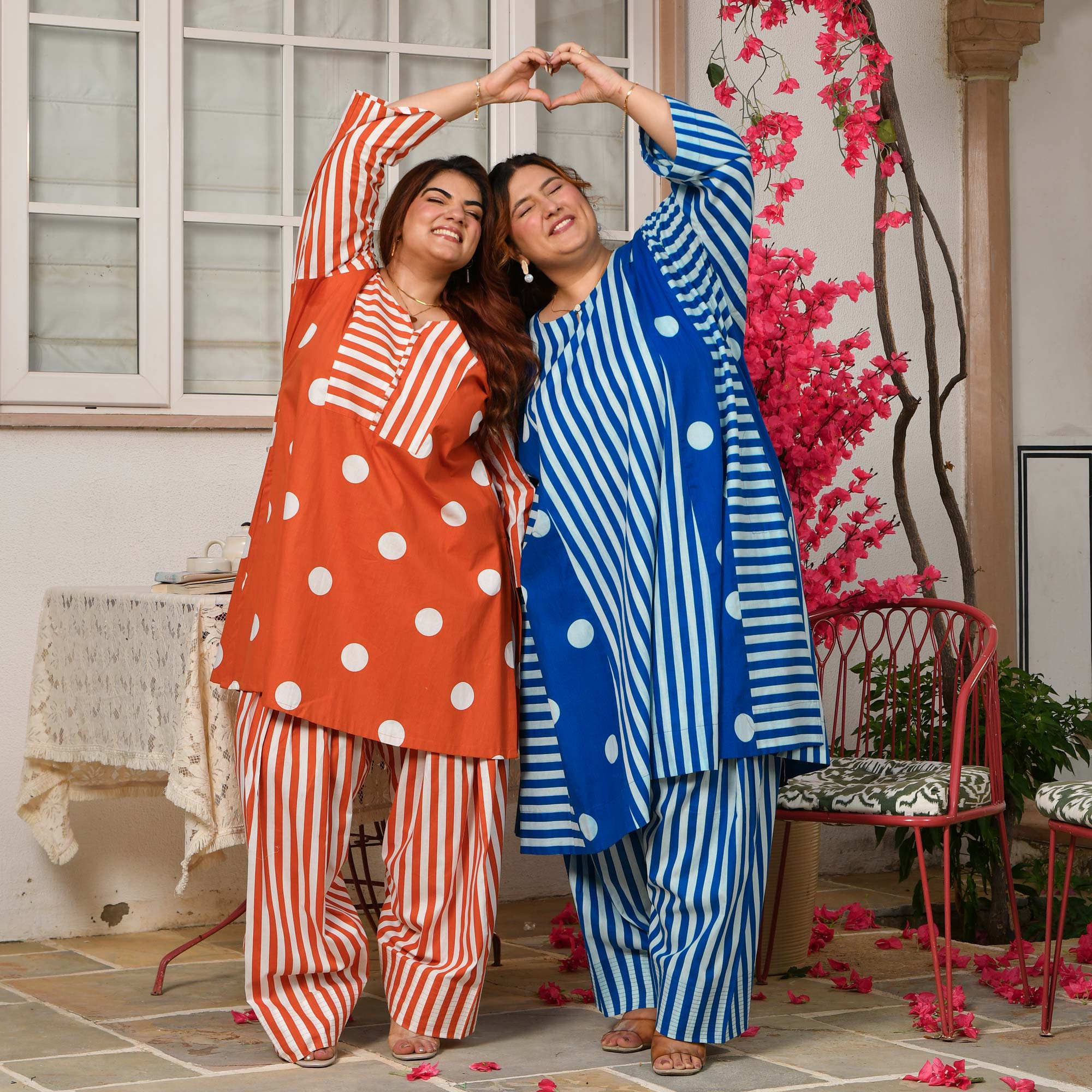 Nora- Tangerine Orange Striped Polka Farshi Set