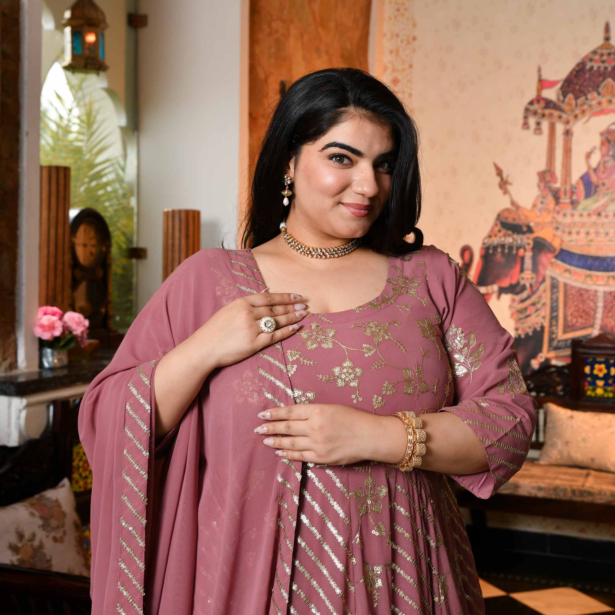 Piya Baawari- Mauve Dust Sequin Embroidered Georgette Anarkali Set