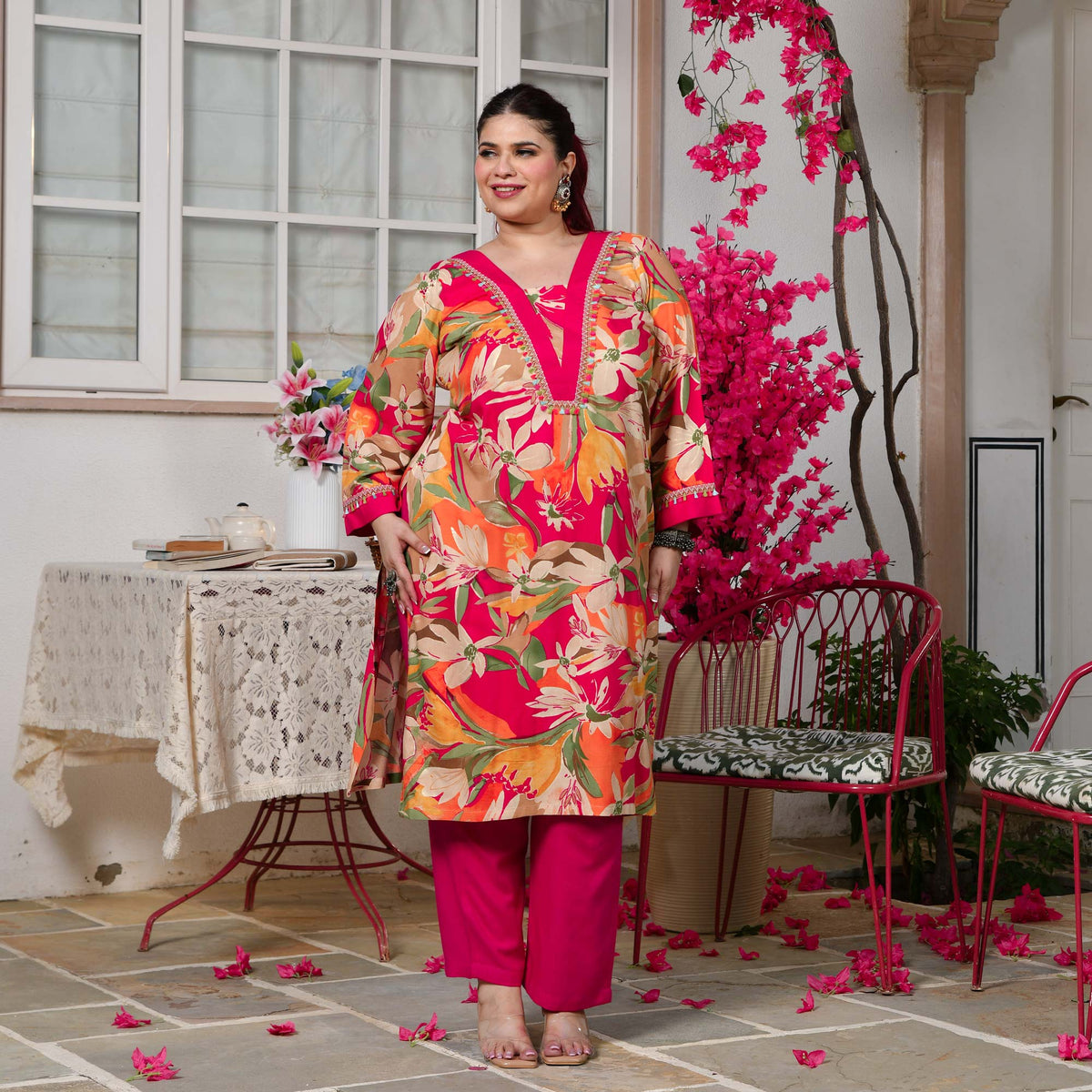 Rachel- Rani Pink Gardenia Floral Rayon Cotton Kurta