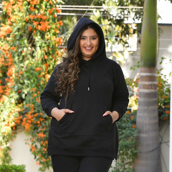 Black Woollen Fleece Pullover Hoodie With Side Slits