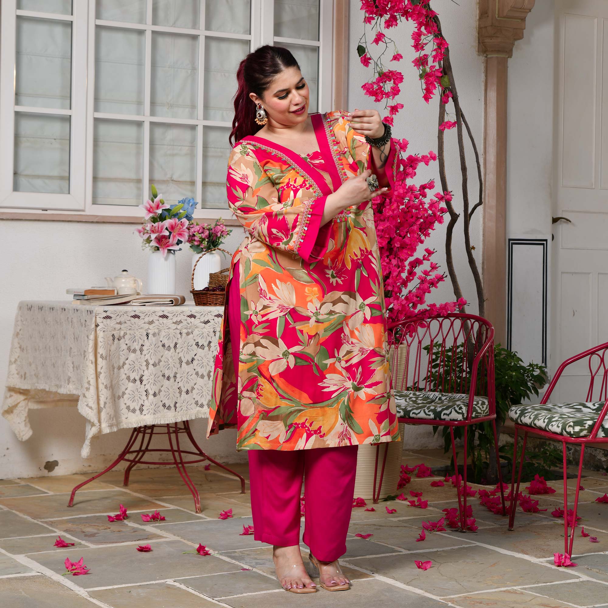 Rachel- Rani Pink Gardenia Floral Rayon Cotton Kurta