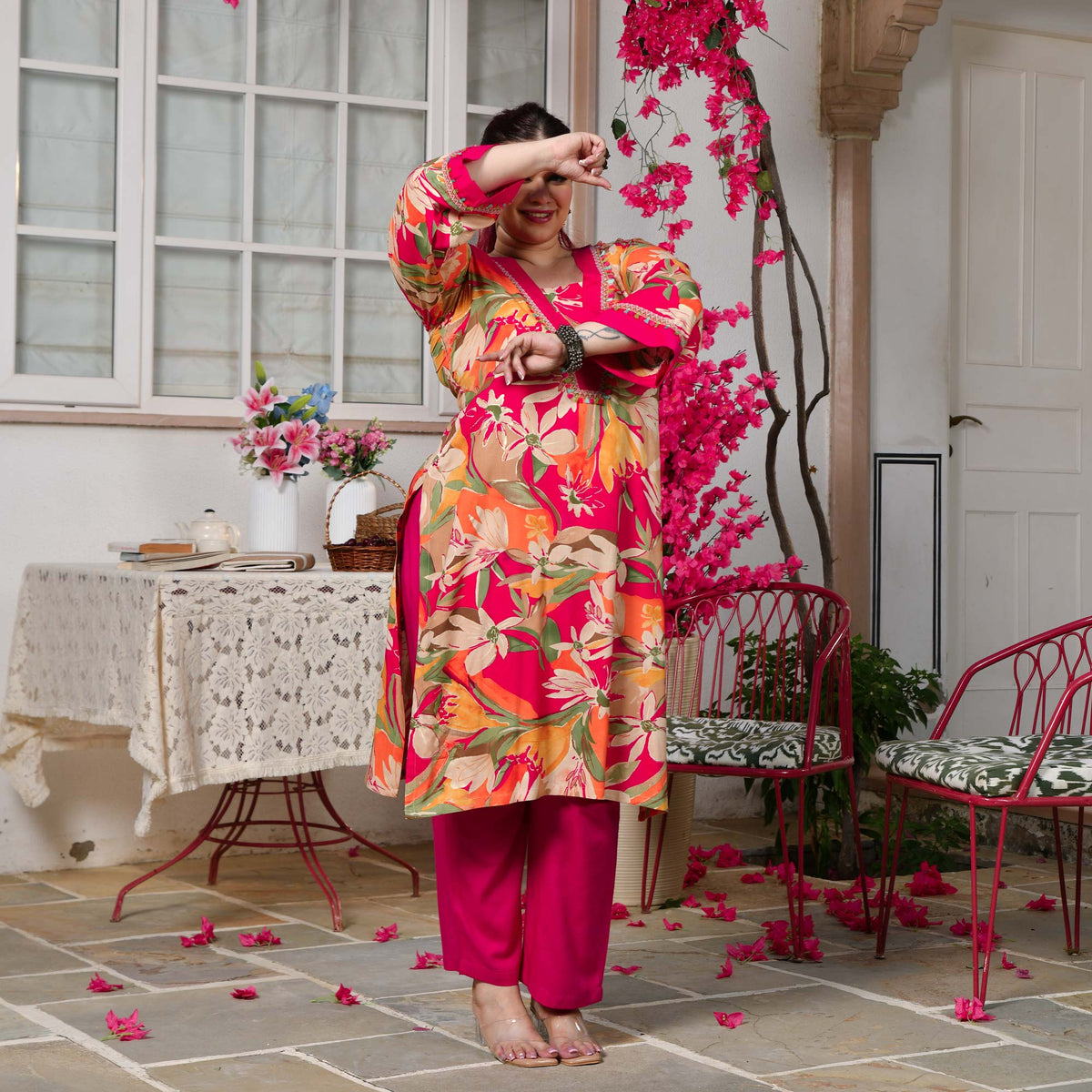Rachel- Rani Pink Gardenia Floral Rayon Cotton Kurta