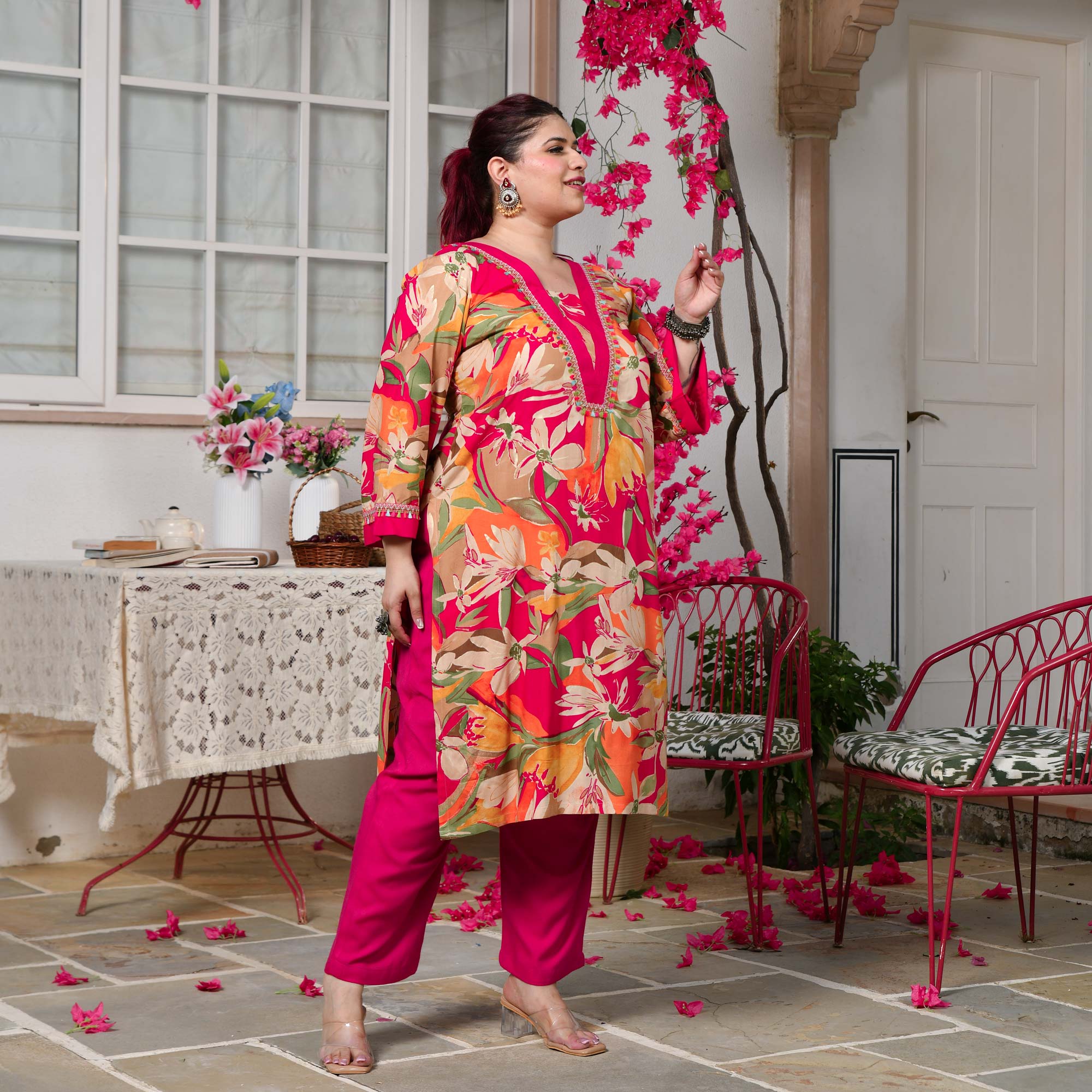 Rachel- Rani Pink Gardenia Floral Rayon Cotton Kurta