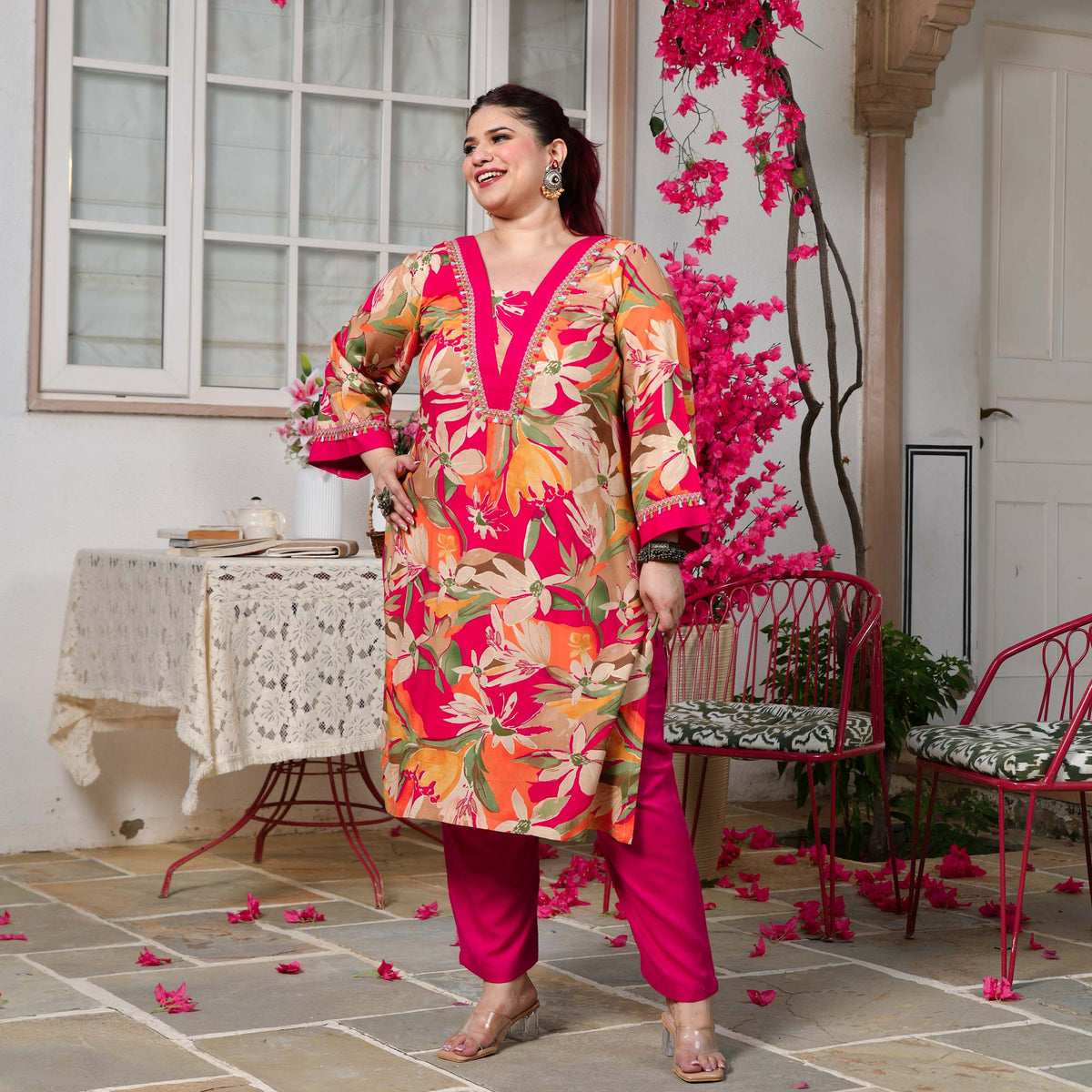 Rachel- Rani Pink Gardenia Floral Rayon Cotton Kurta