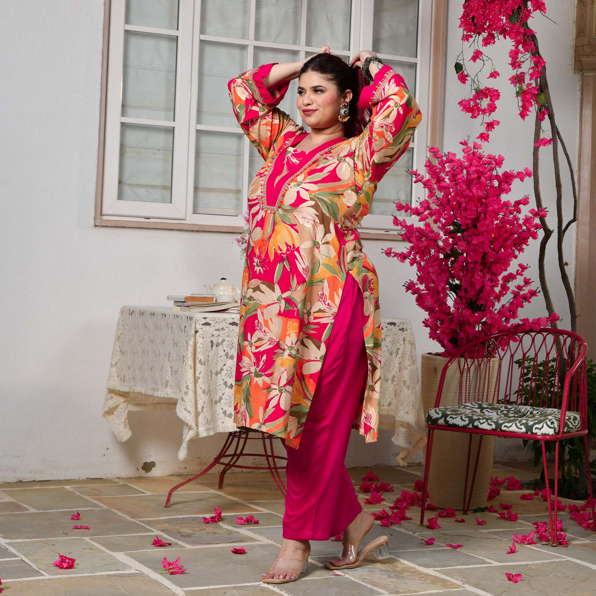 Rachel- Rani Pink Gardenia Floral Rayon Cotton Kurta