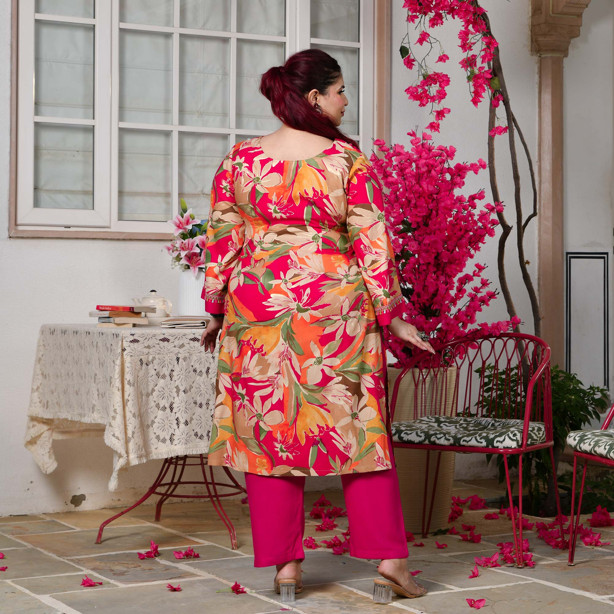 Rachel- Rani Pink Gardenia Floral Rayon Cotton Kurta