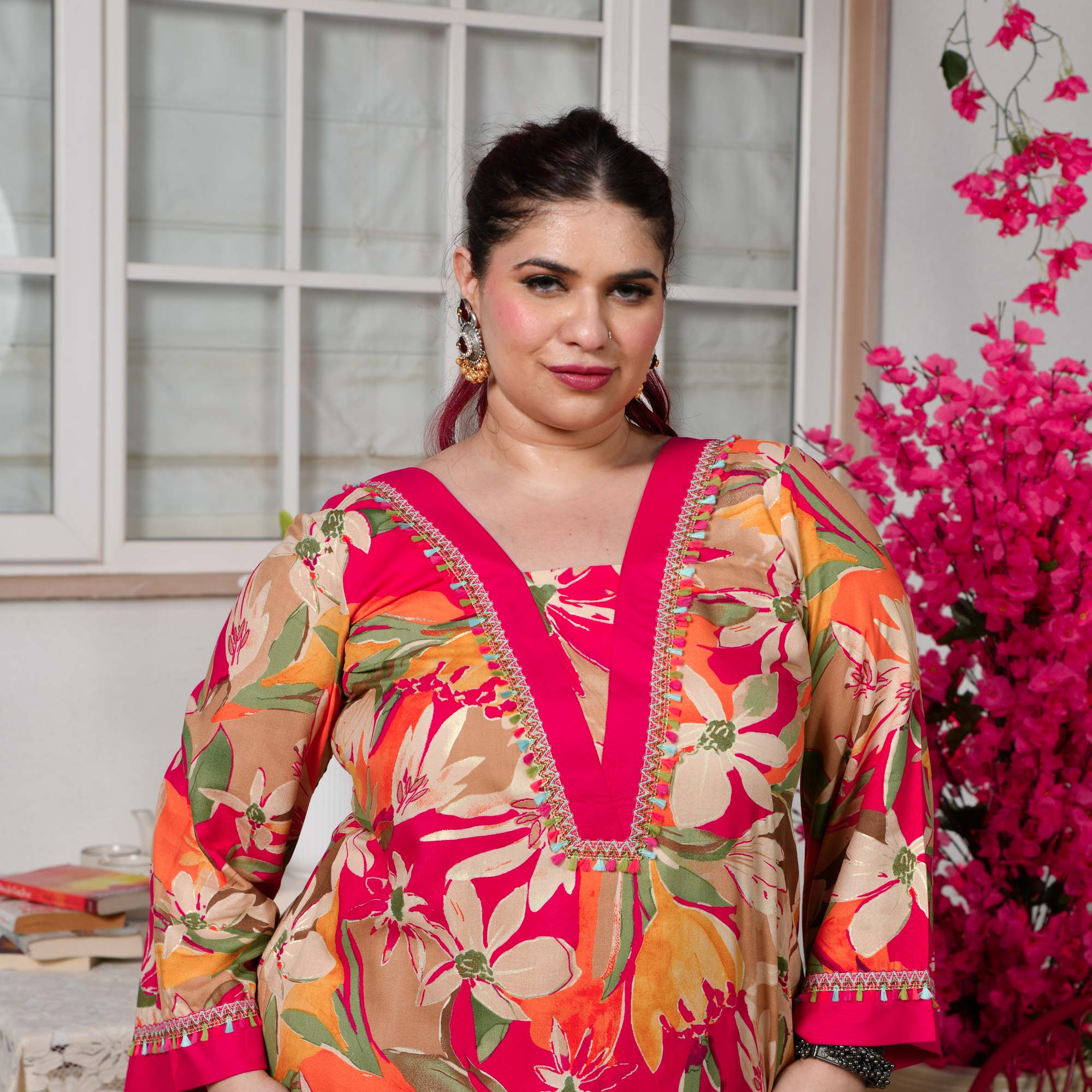 Rachel- Rani Pink Gardenia Floral Rayon Cotton Kurta