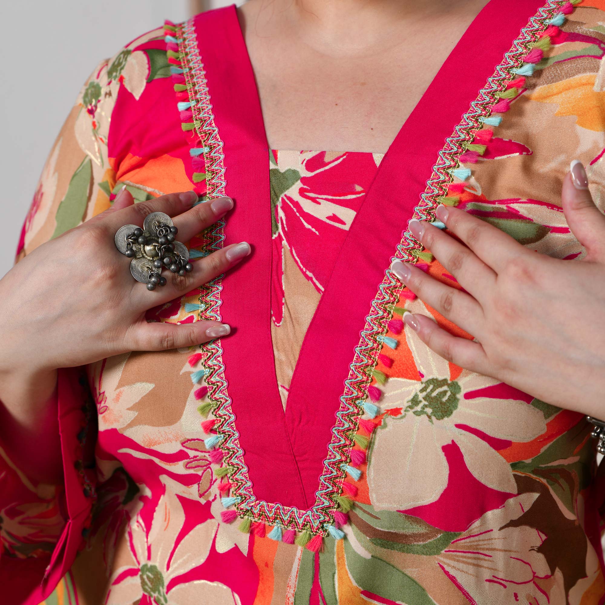 Rachel- Rani Pink Gardenia Floral Rayon Cotton Kurta