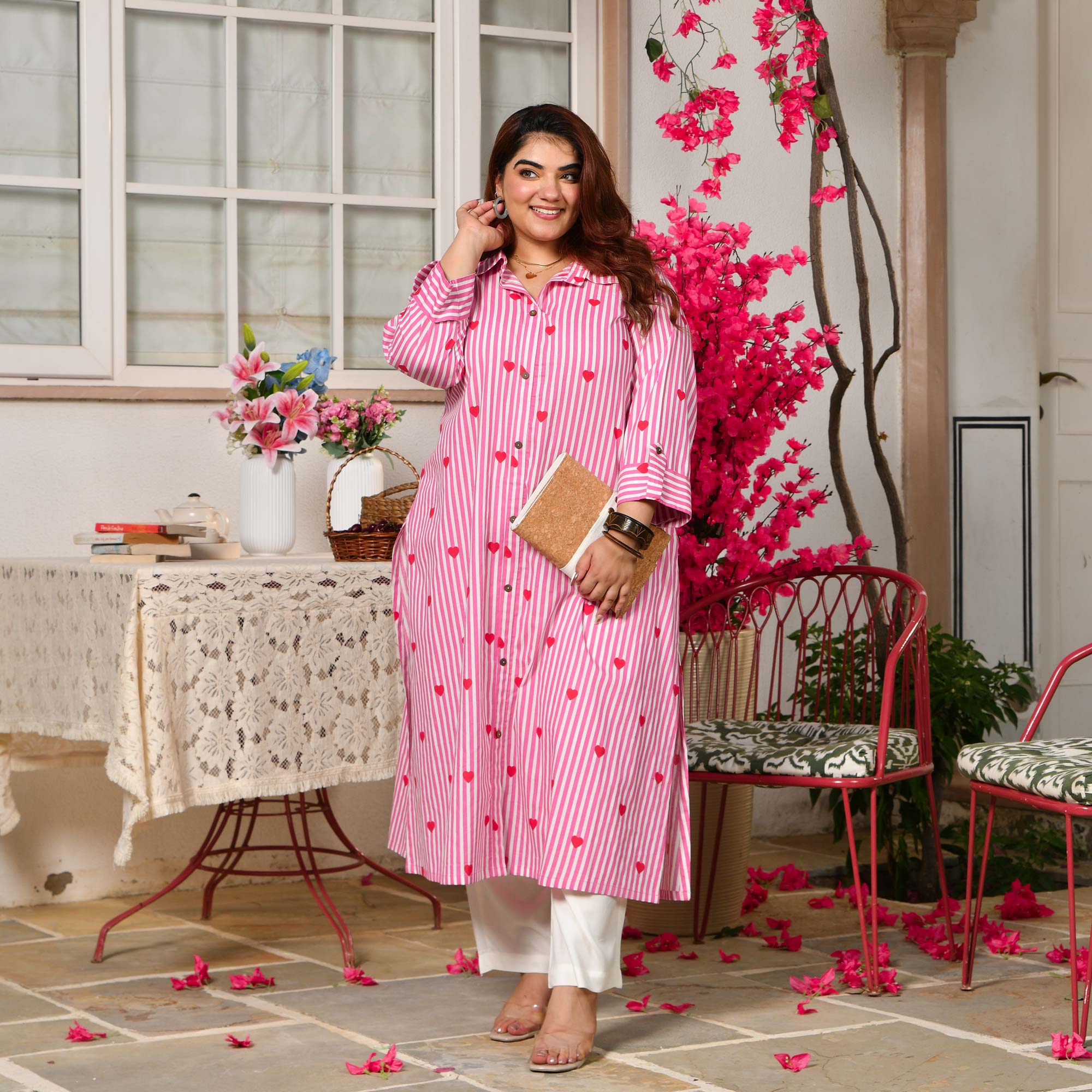 Blosoom- Strawberry Pink Love Striped Pure Cotton Aline Kurta
