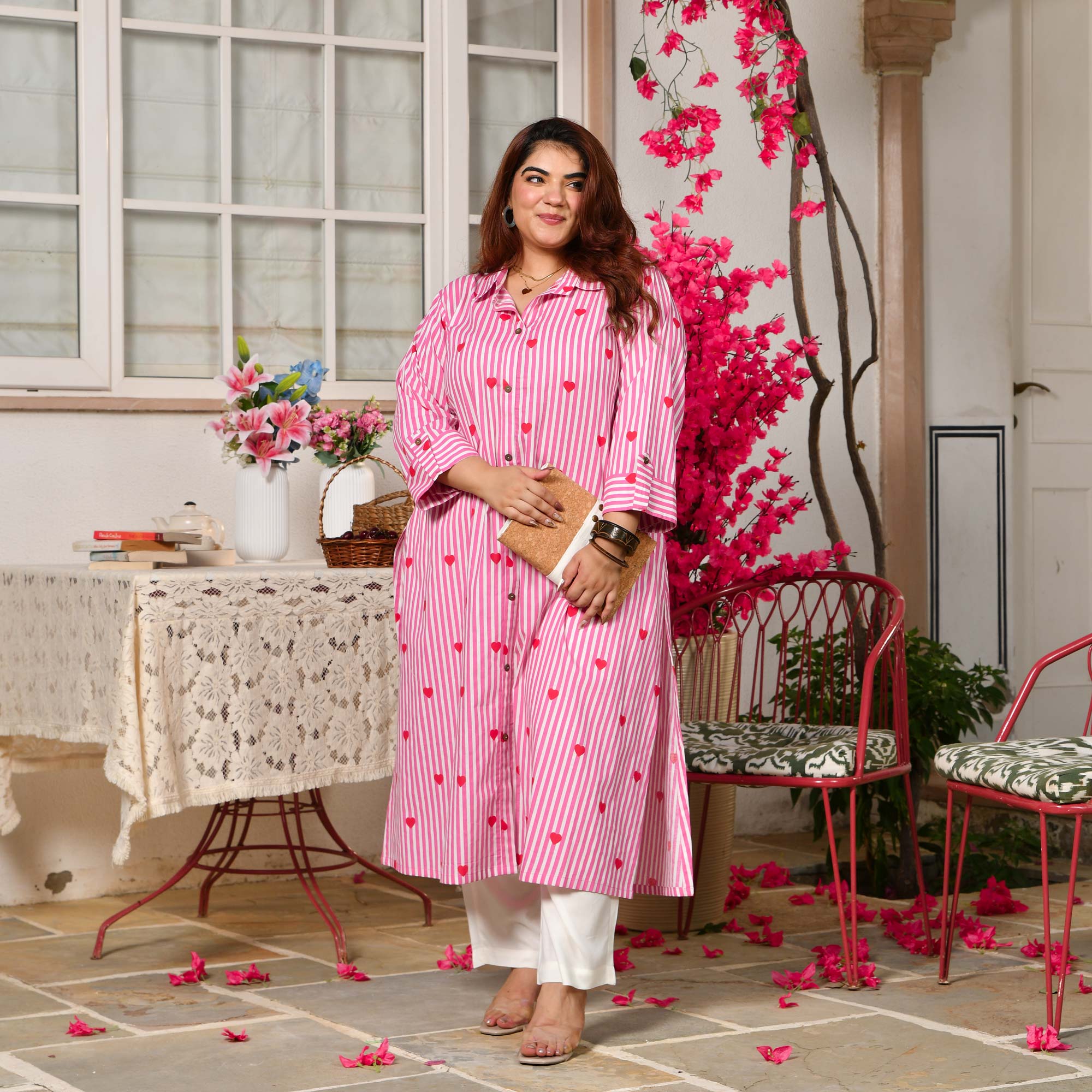Blosoom- Strawberry Pink Love Striped Pure Cotton Aline Kurta