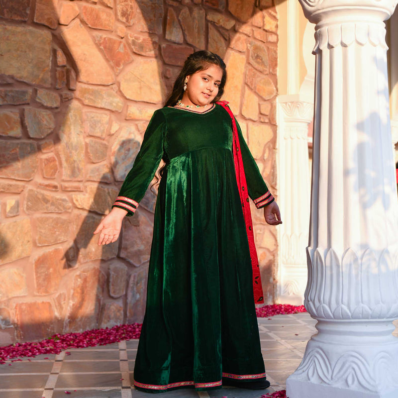 Lush Green & Red Velvet Anarkali Set
